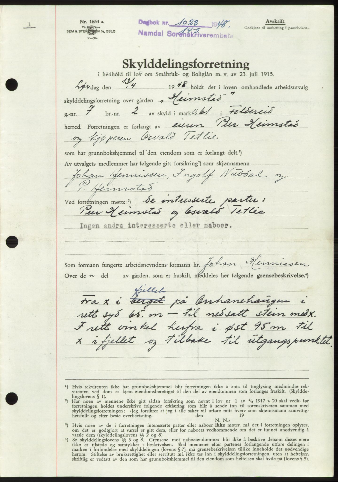 Namdal sorenskriveri, SAT/A-4133/1/2/2C: Mortgage book no. -, 1947-1948, Diary no: : 1023/1948