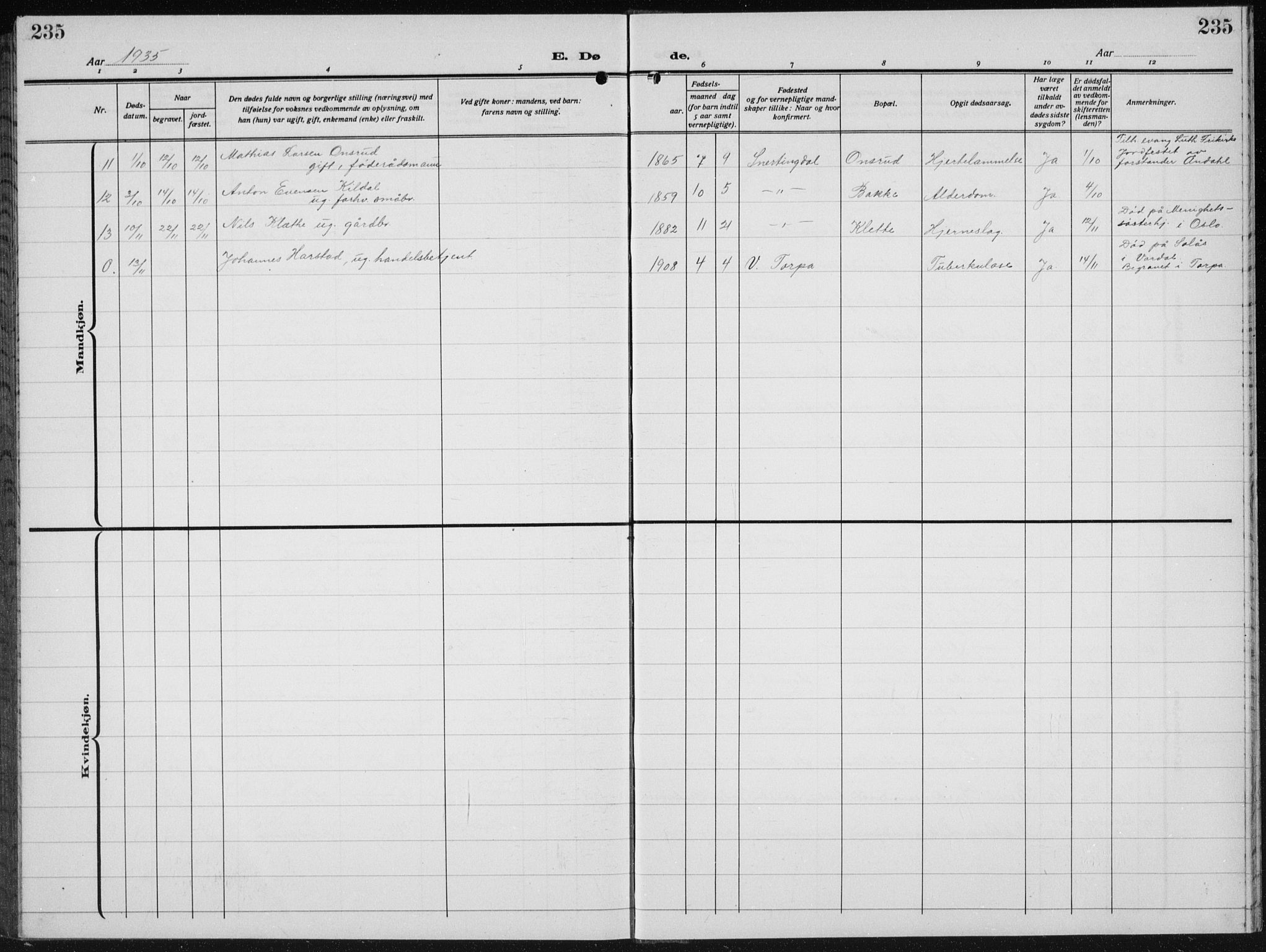 Biri prestekontor, SAH/PREST-096/H/Ha/Hab/L0007: Parish register (copy) no. 7, 1919-1941, p. 235