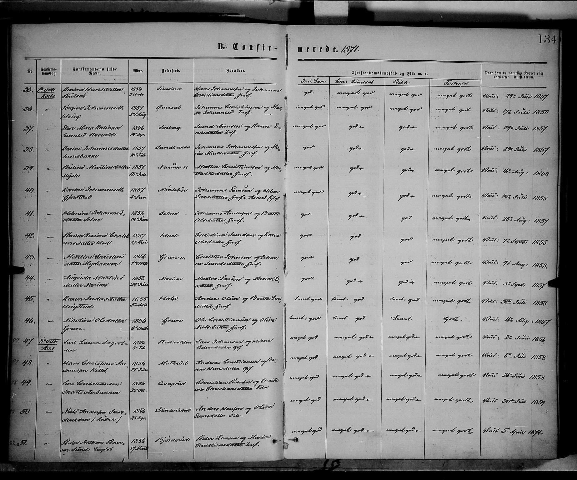 Vestre Toten prestekontor, AV/SAH-PREST-108/H/Ha/Haa/L0008: Parish register (official) no. 8, 1870-1877, p. 134