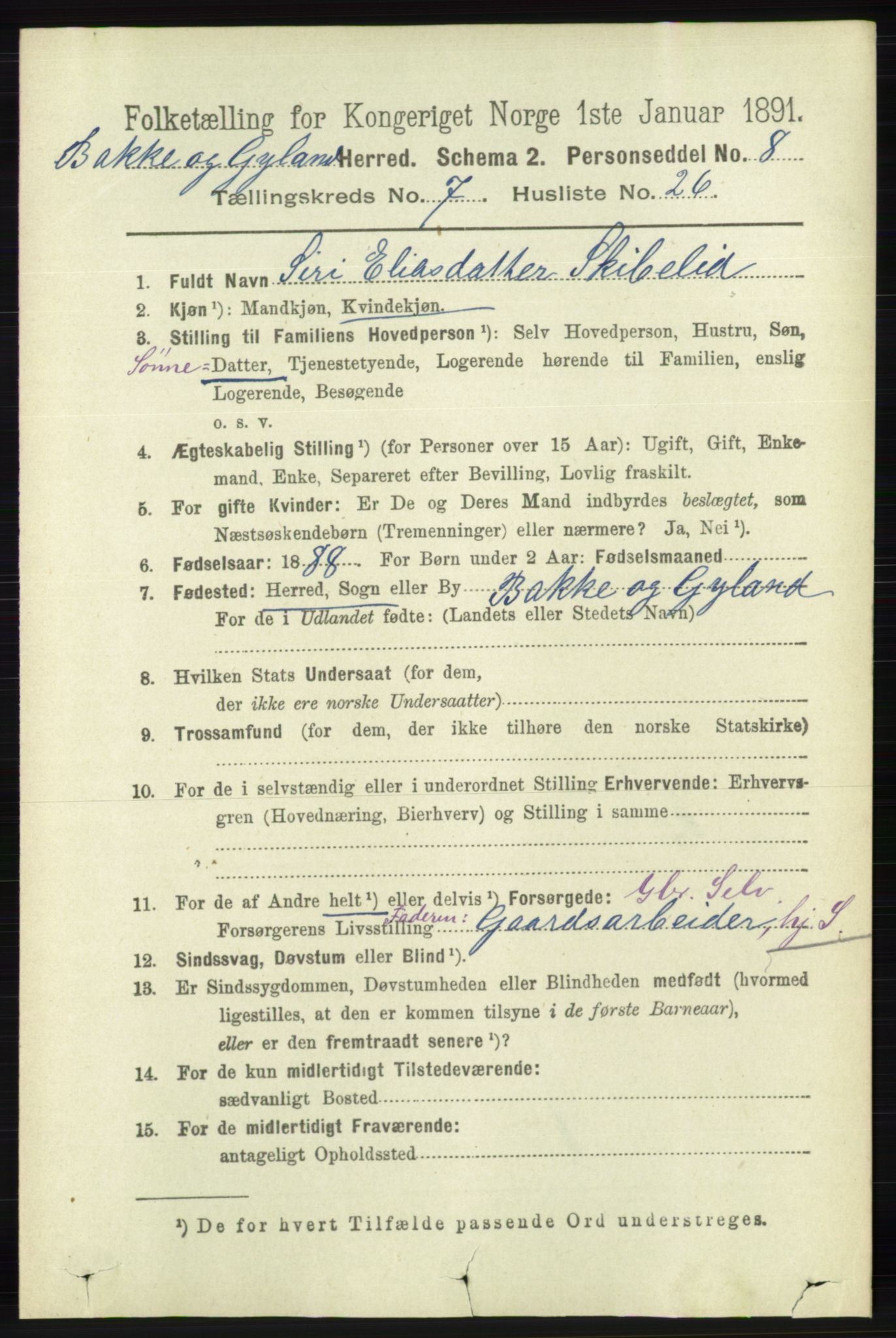 RA, 1891 census for 1045 Bakke, 1891, p. 1433