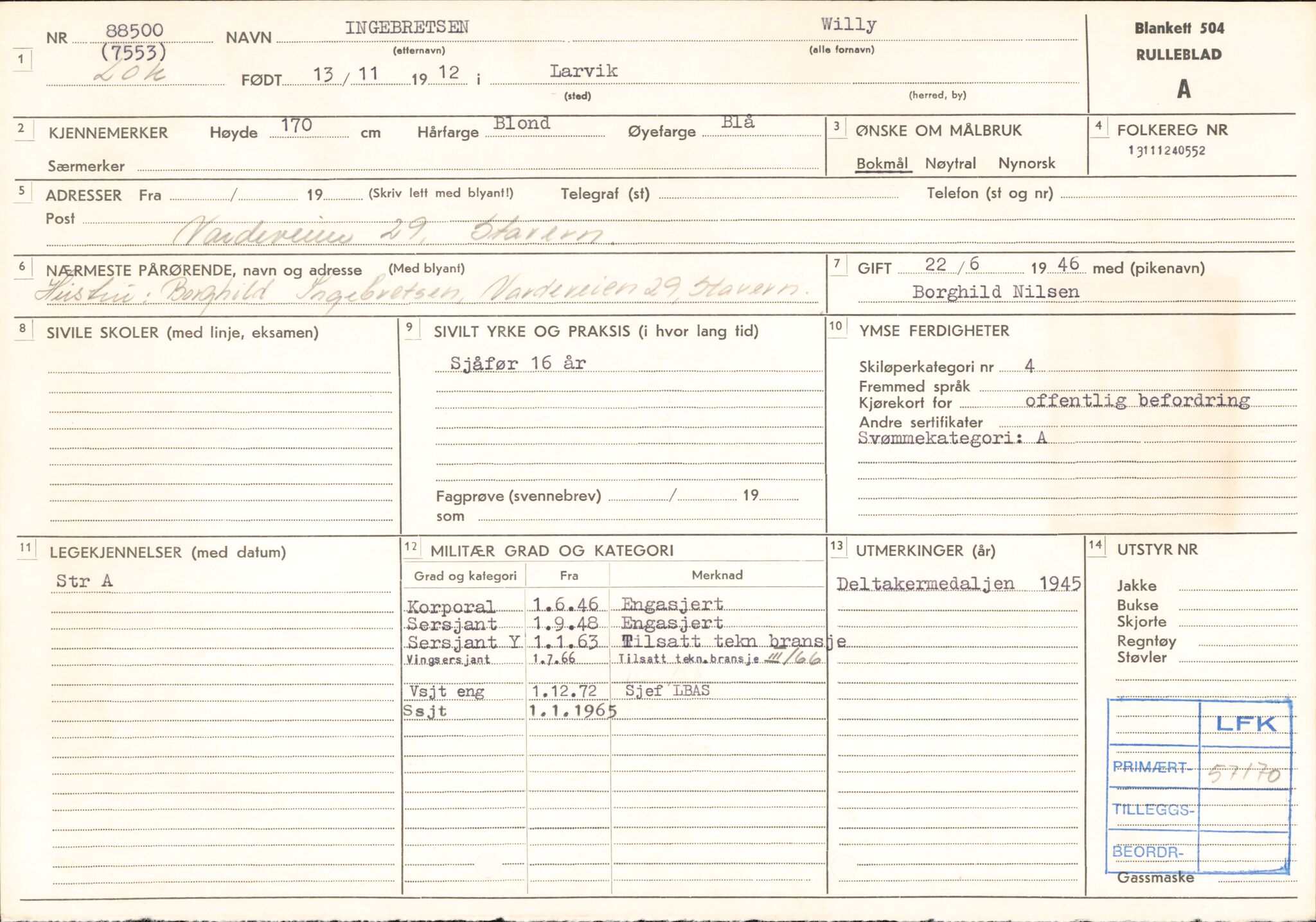 Forsvaret, Forsvarets overkommando/Luftforsvarsstaben, RA/RAFA-4079/P/Pa/L0029: Personellpapirer, 1912, p. 623