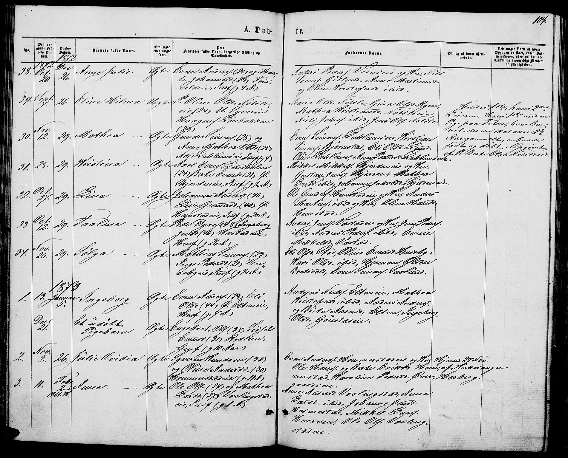 Stange prestekontor, SAH/PREST-002/L/L0006: Parish register (copy) no. 6, 1864-1882, p. 104
