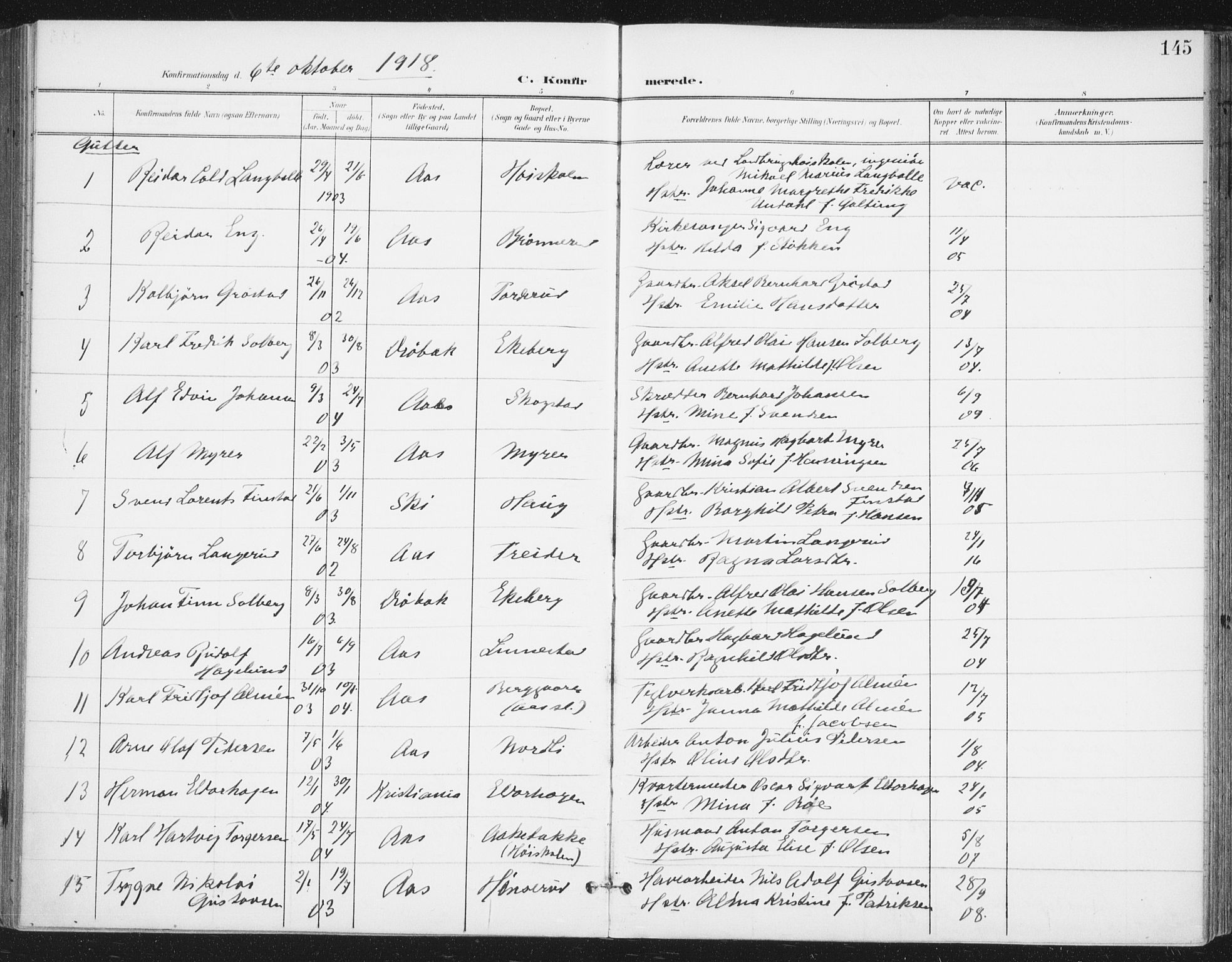Ås prestekontor Kirkebøker, SAO/A-10894/F/Fa/L0010: Parish register (official) no. I 10, 1900-1918, p. 145
