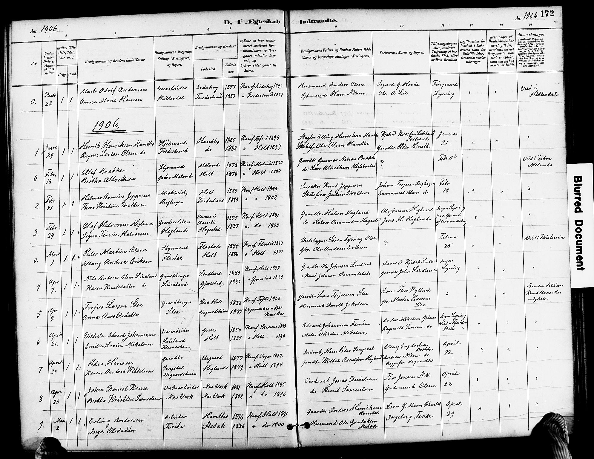 Holt sokneprestkontor, SAK/1111-0021/F/Fb/L0011: Parish register (copy) no. B 11, 1897-1921, p. 172