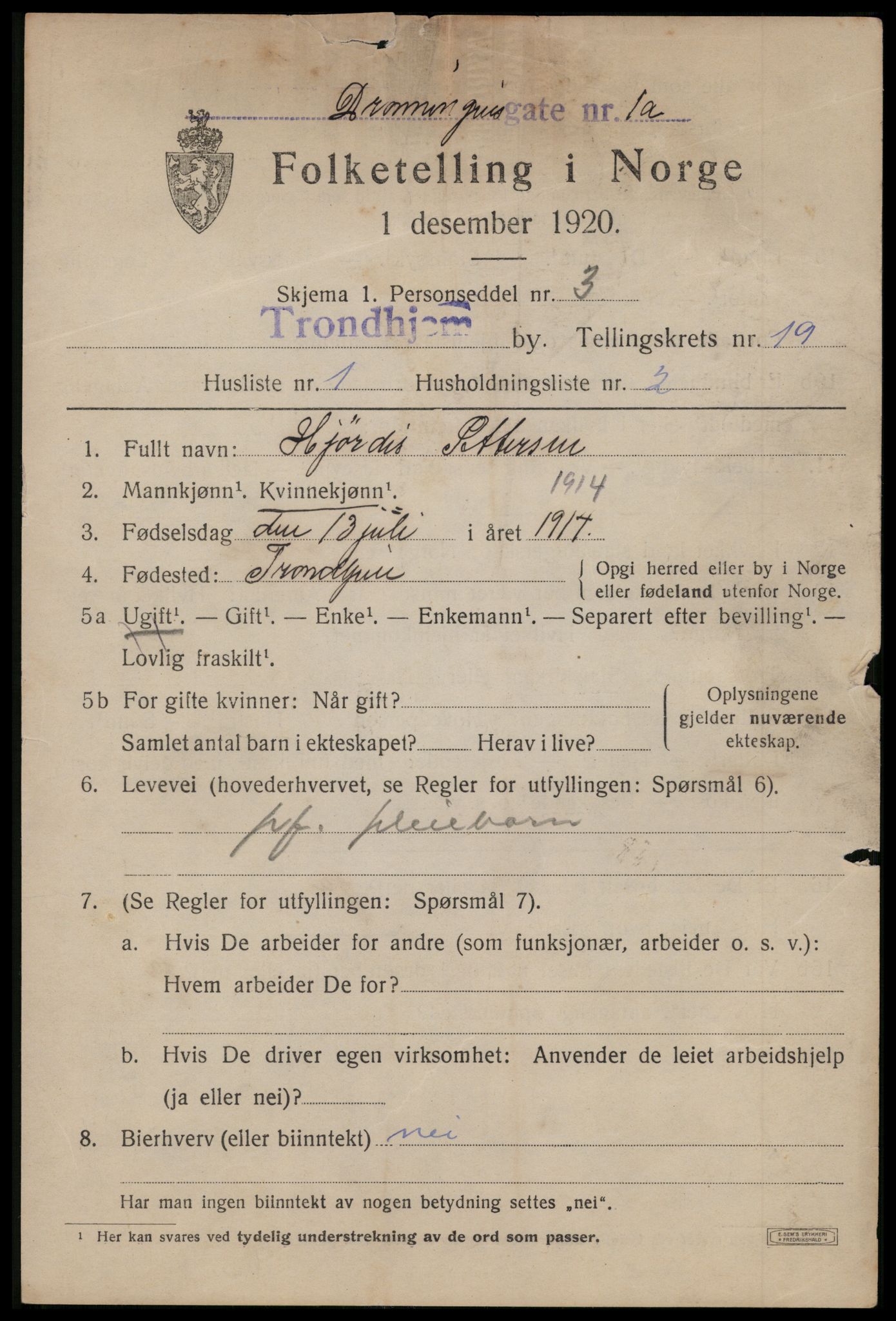 SAT, 1920 census for Trondheim, 1920, p. 58246