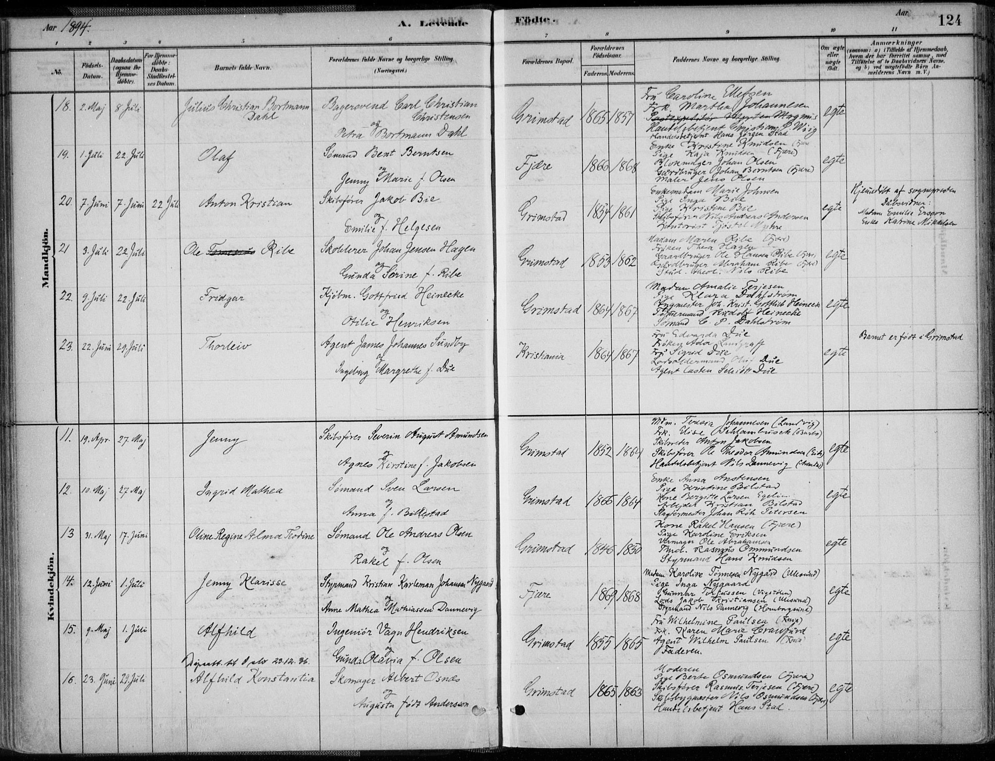Grimstad sokneprestkontor, SAK/1111-0017/F/Fa/L0003: Parish register (official) no. A 2, 1882-1912, p. 124