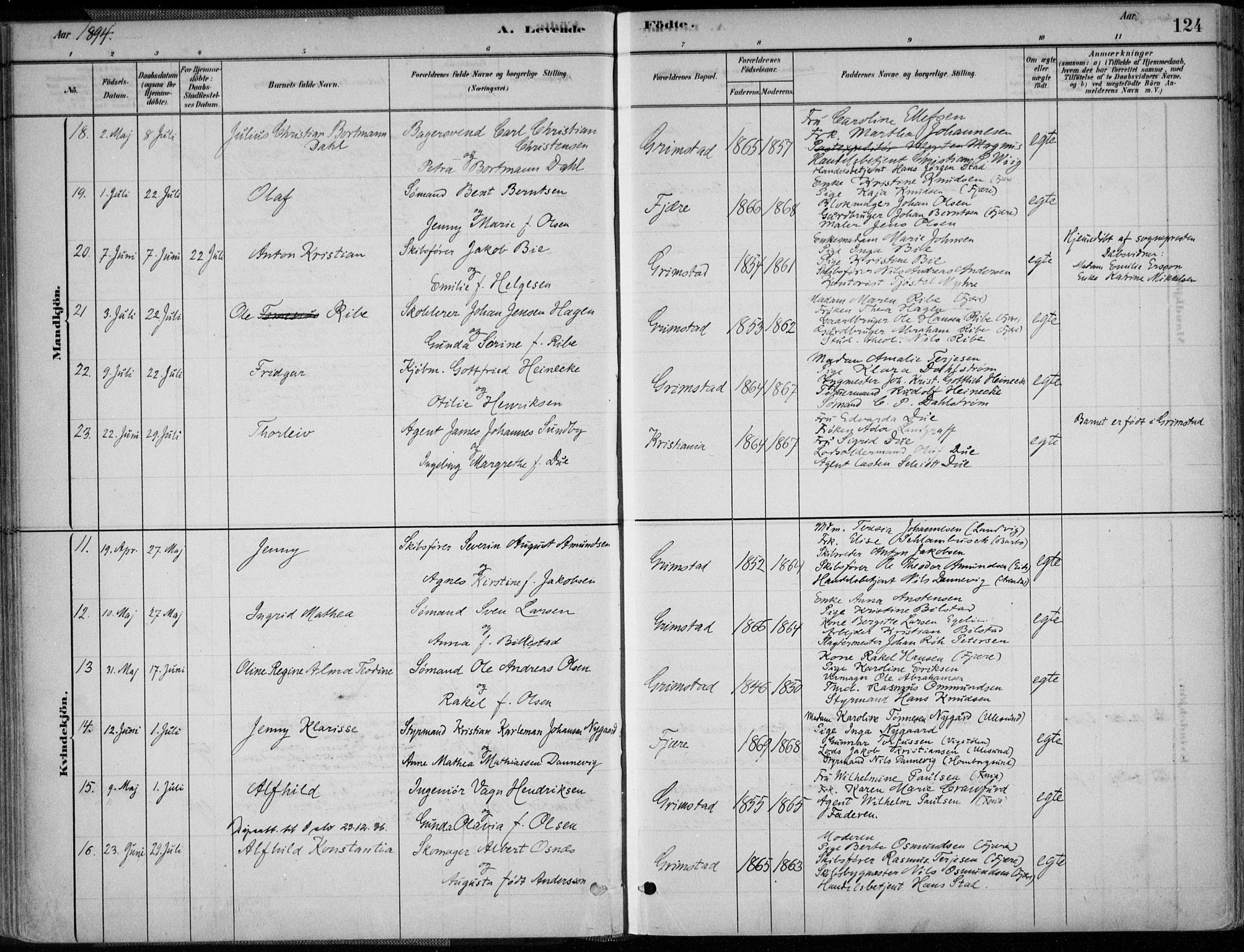 Grimstad sokneprestkontor, AV/SAK-1111-0017/F/Fa/L0003: Parish register (official) no. A 2, 1882-1912, p. 124