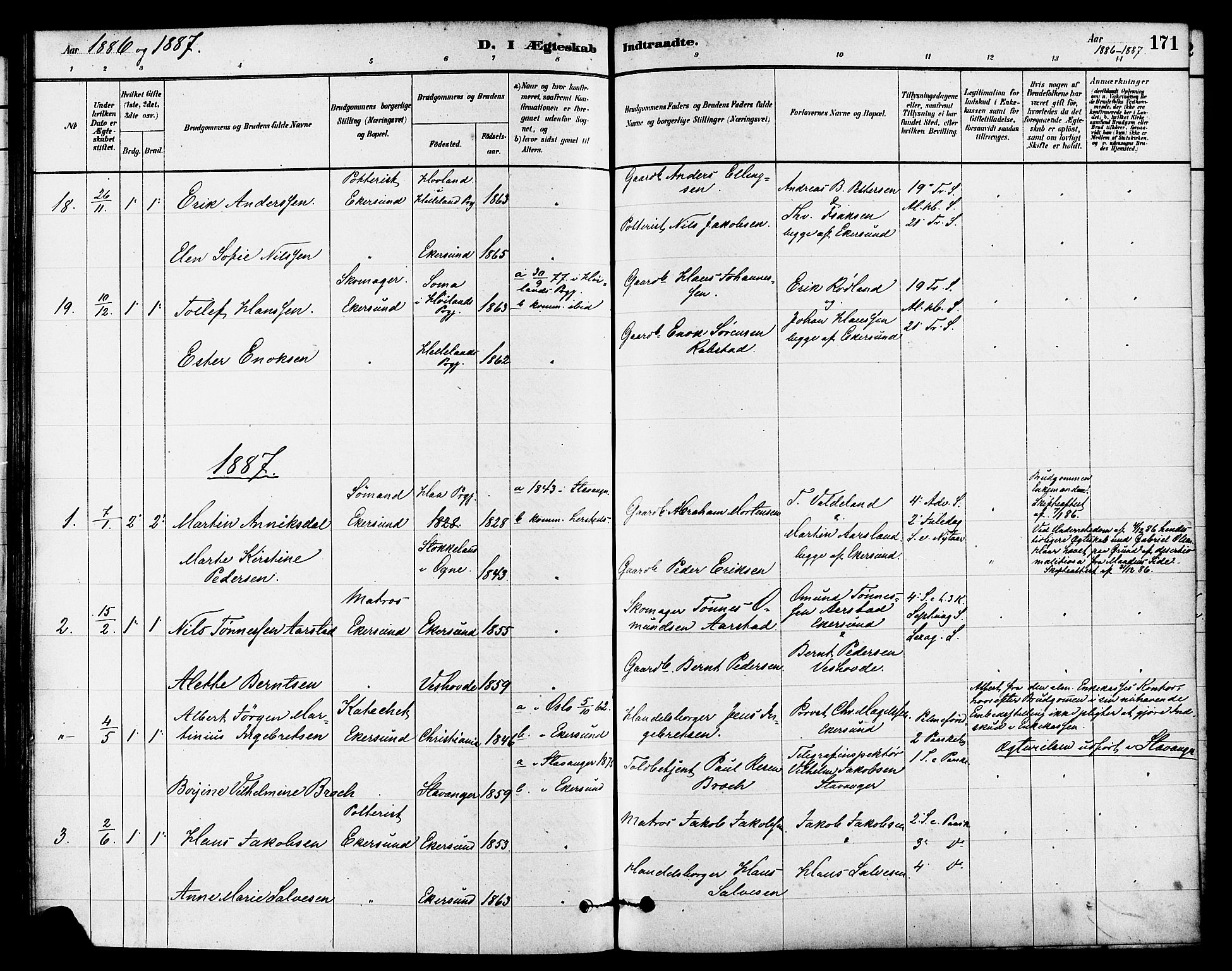 Eigersund sokneprestkontor, AV/SAST-A-101807/S08/L0015: Parish register (official) no. A 15, 1879-1892, p. 171