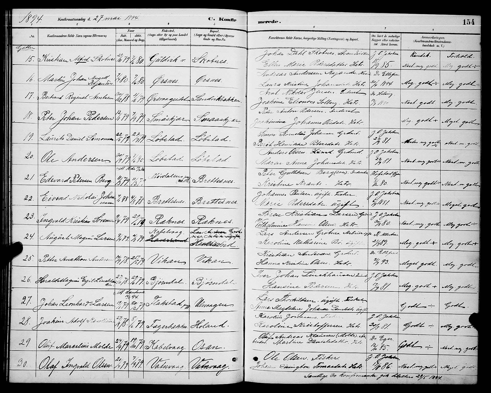 Ministerialprotokoller, klokkerbøker og fødselsregistre - Nordland, AV/SAT-A-1459/874/L1077: Parish register (copy) no. 874C06, 1891-1900, p. 154