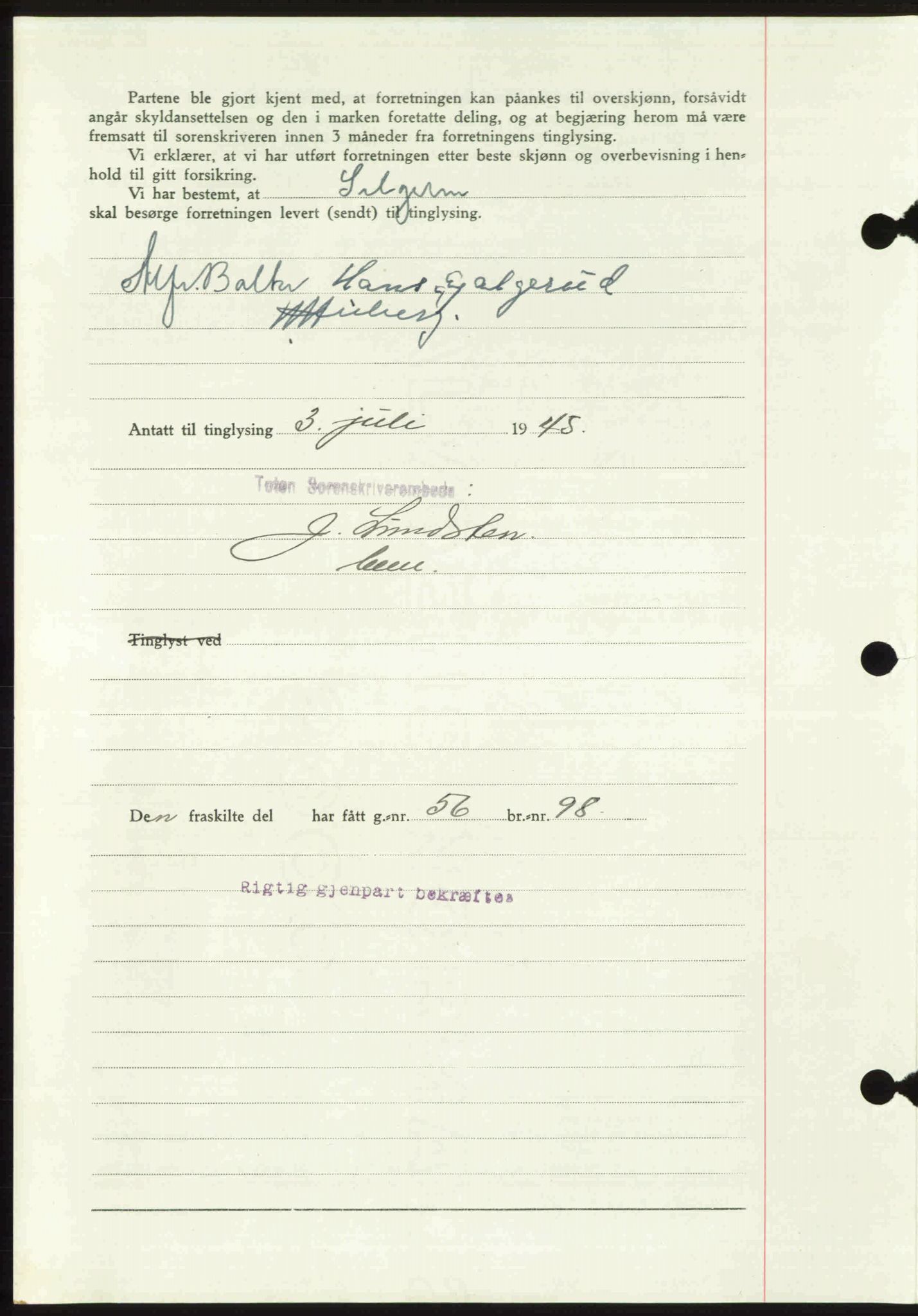 Toten tingrett, AV/SAH-TING-006/H/Hb/Hbc/L0013: Mortgage book no. Hbc-13, 1945-1945, Diary no: : 976/1945