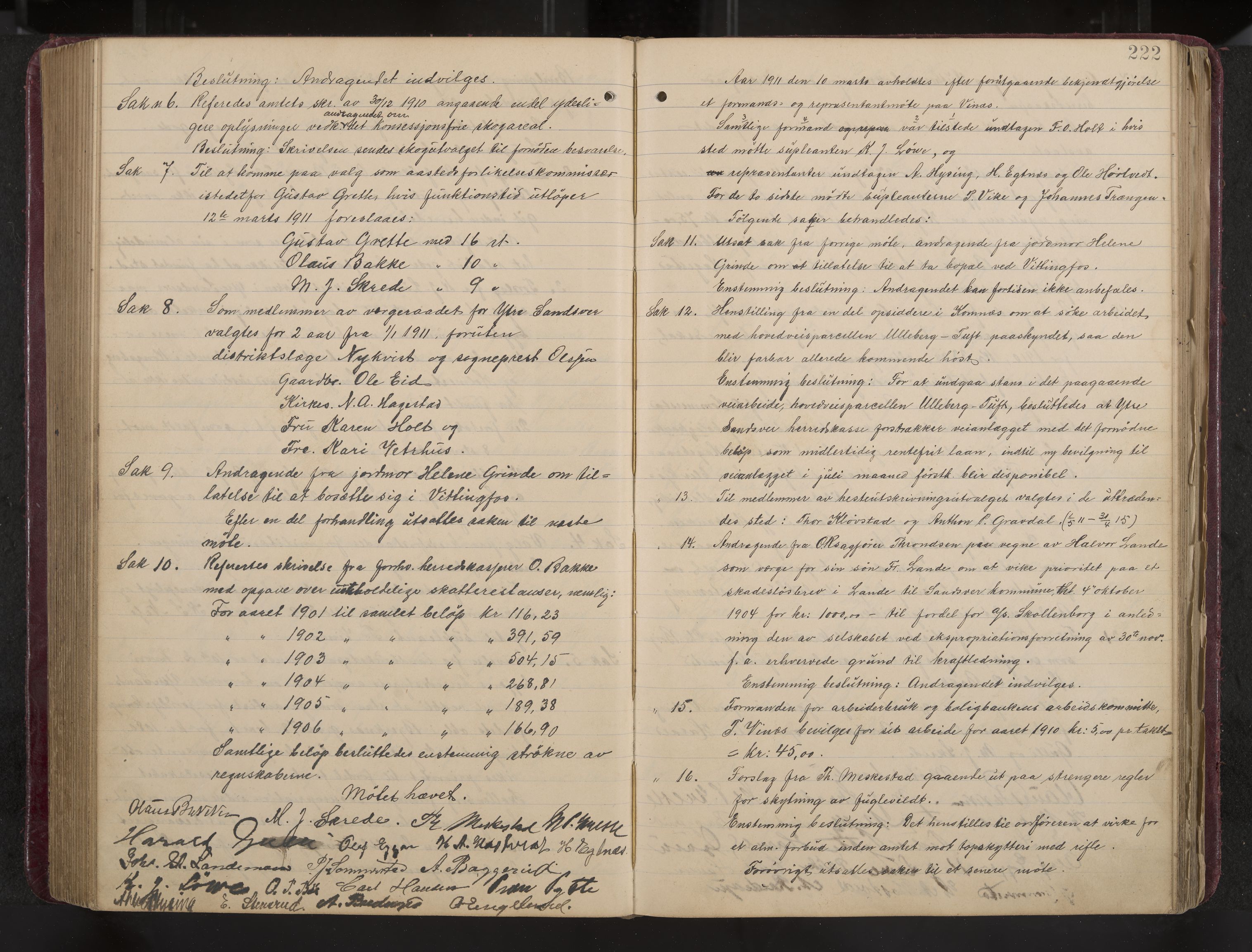 Ytre Sandsvær formannskap og sentraladministrasjon, IKAK/0629021/A/Aa/L0001: Møtebok med register, 1902-1919, p. 222