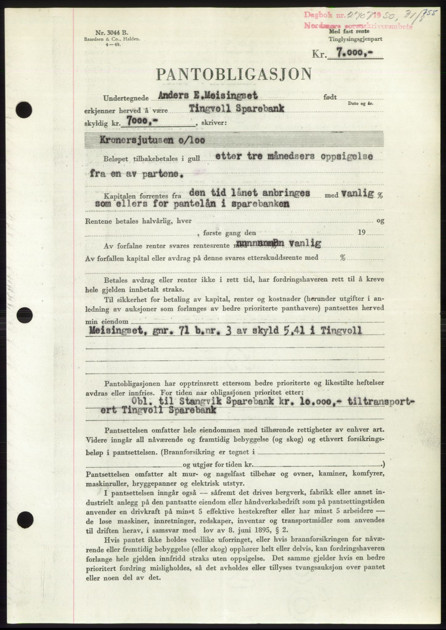 Nordmøre sorenskriveri, AV/SAT-A-4132/1/2/2Ca: Mortgage book no. B105, 1950-1950, Diary no: : 2707/1950