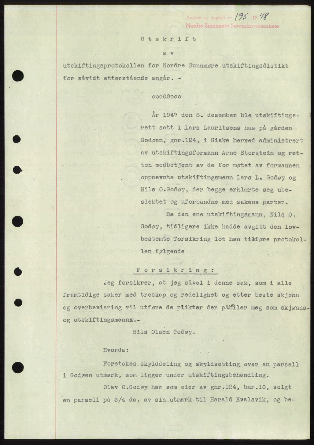 Nordre Sunnmøre sorenskriveri, AV/SAT-A-0006/1/2/2C/2Ca: Mortgage book no. A26, 1947-1948, Diary no: : 195/1948