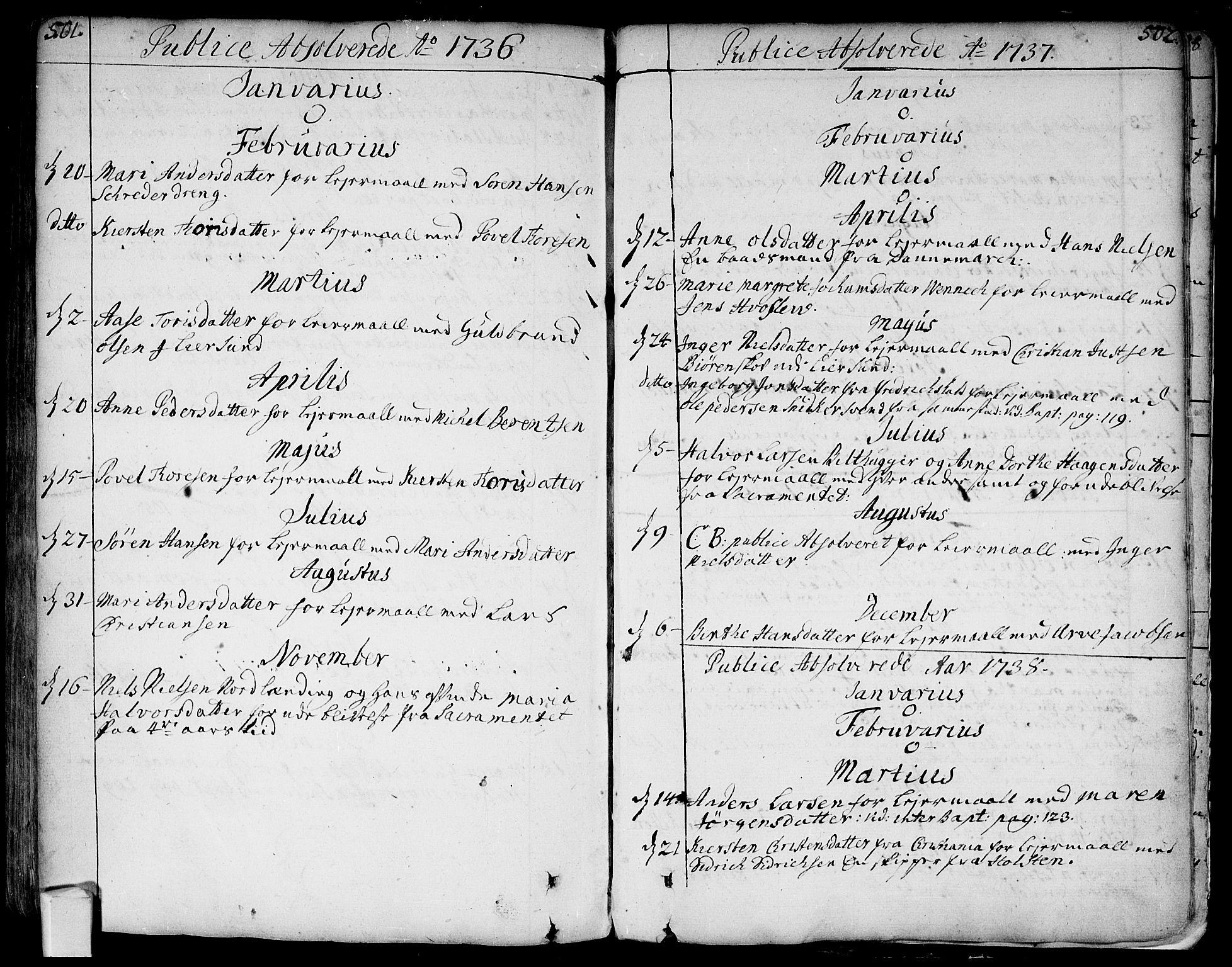 Bragernes kirkebøker, SAKO/A-6/F/Fa/L0004: Parish register (official) no. I 4, 1734-1759, p. 501-502