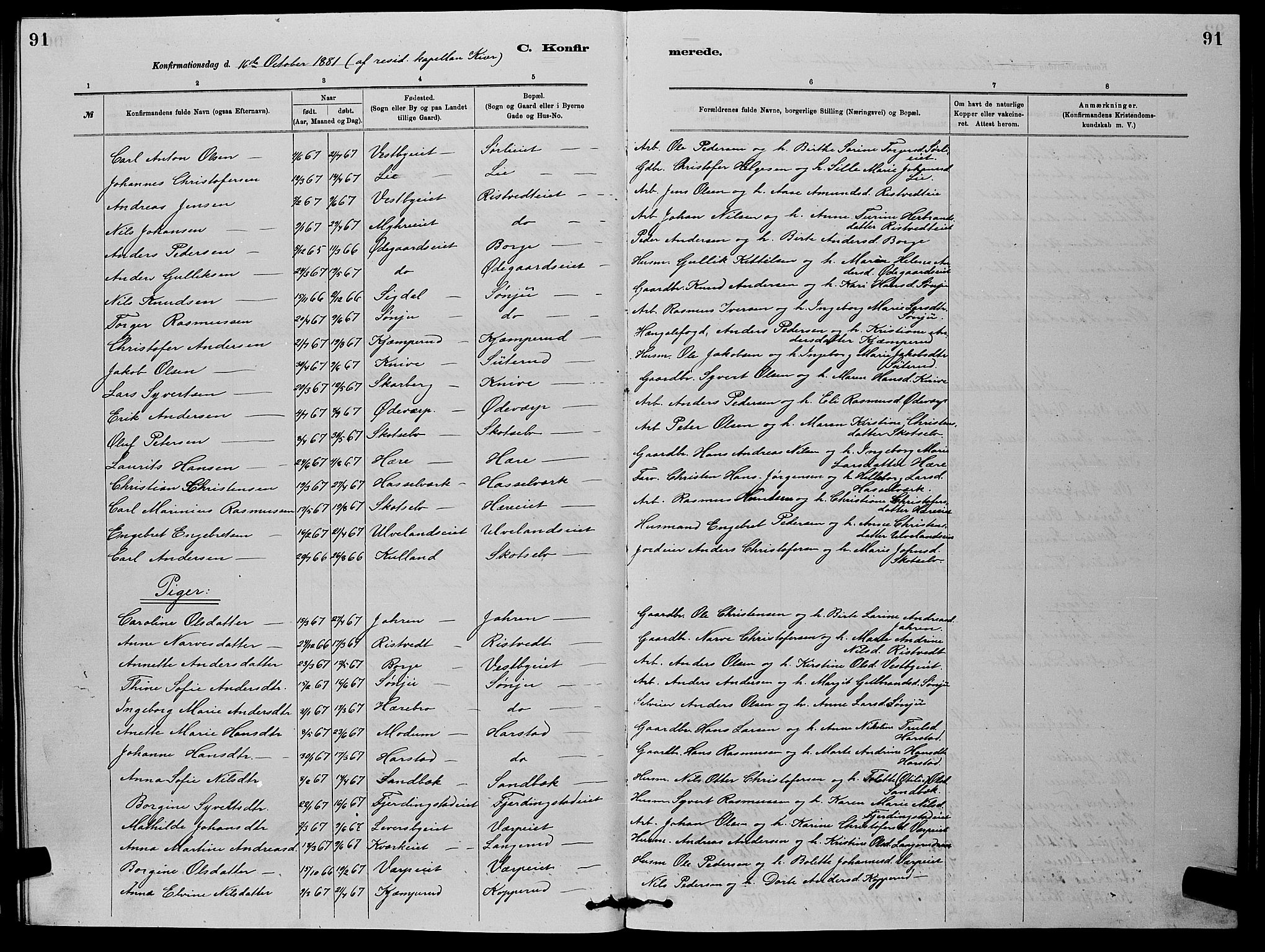 Eiker kirkebøker, AV/SAKO-A-4/G/Gb/L0003: Parish register (copy) no. II 3, 1880-1893, p. 91