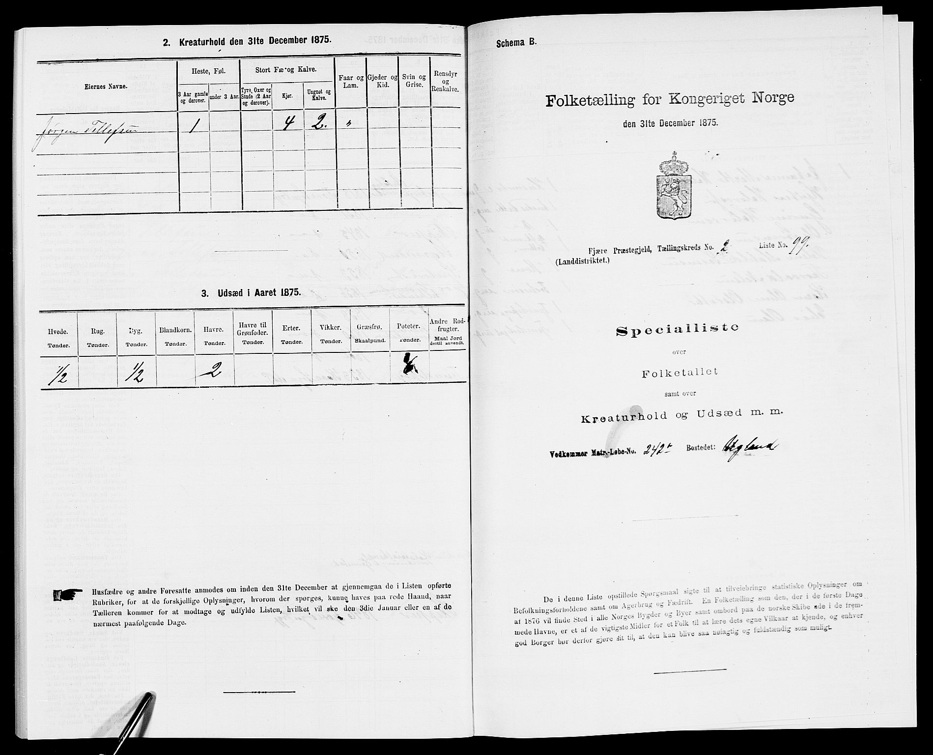 SAK, 1875 census for 0923L Fjære/Fjære, 1875, p. 721