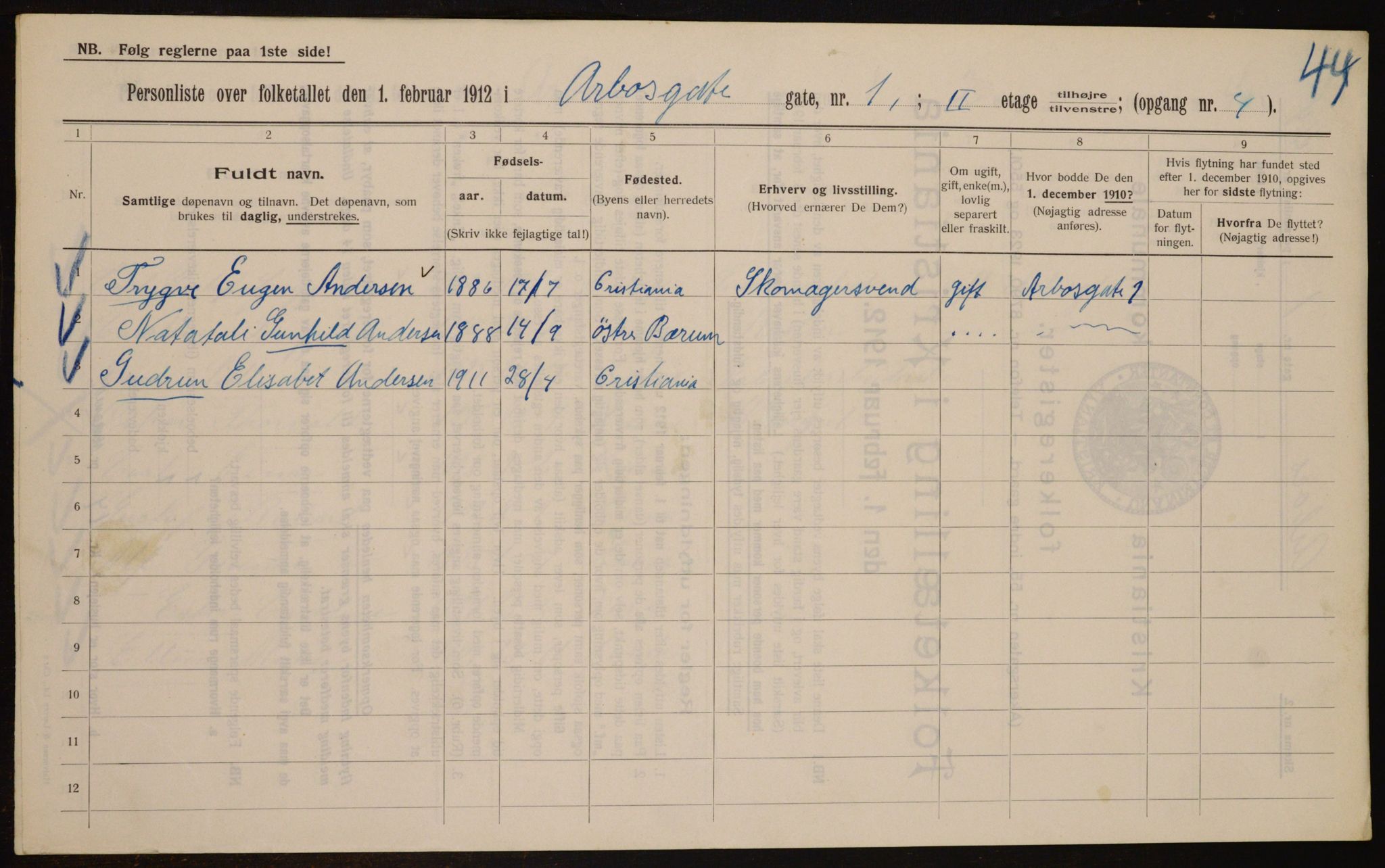 OBA, Municipal Census 1912 for Kristiania, 1912, p. 1648