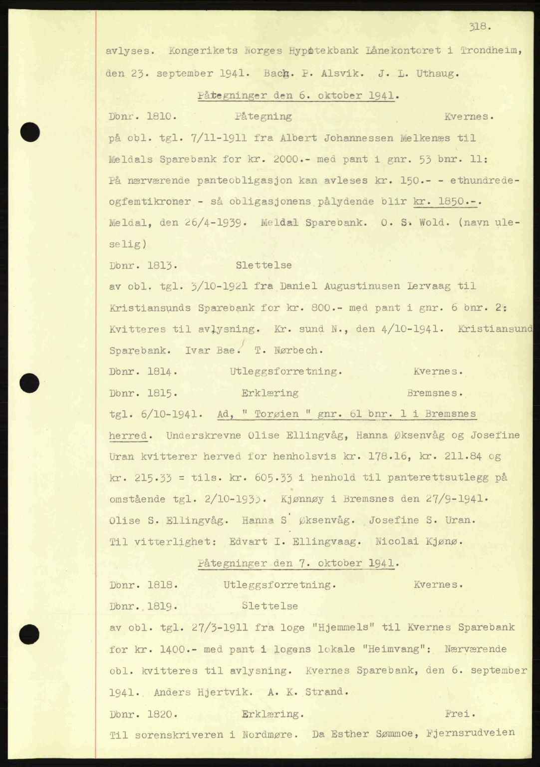 Nordmøre sorenskriveri, AV/SAT-A-4132/1/2/2Ca: Mortgage book no. C81, 1940-1945, Diary no: : 1810/1941