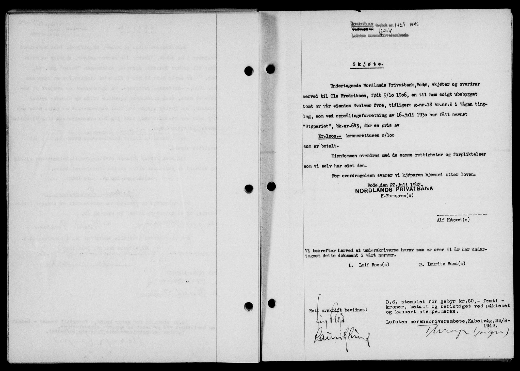 Lofoten sorenskriveri, AV/SAT-A-0017/1/2/2C/L0010a: Mortgage book no. 10a, 1942-1943, Diary no: : 1423/1942