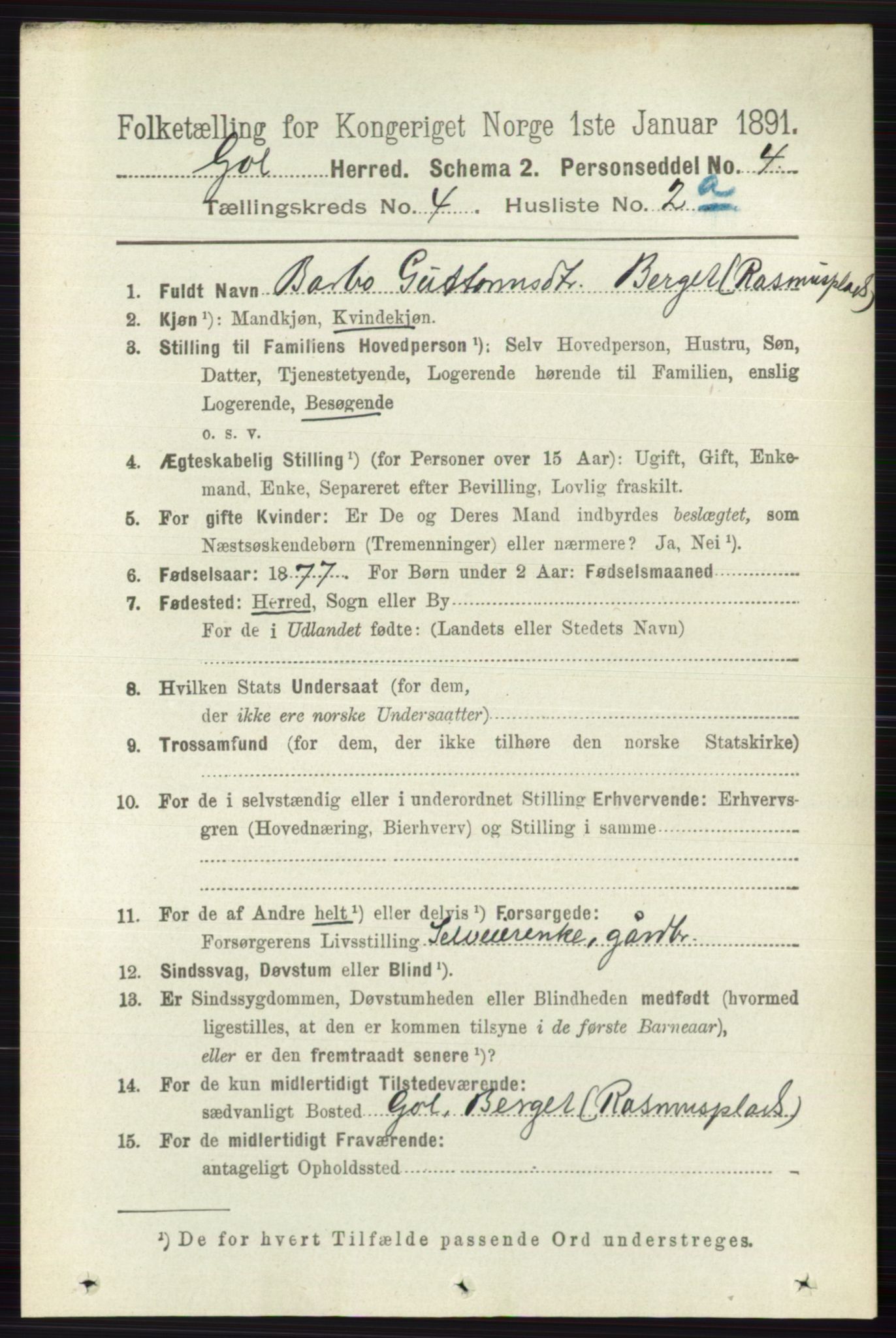 RA, 1891 census for 0617 Gol og Hemsedal, 1891, p. 1826