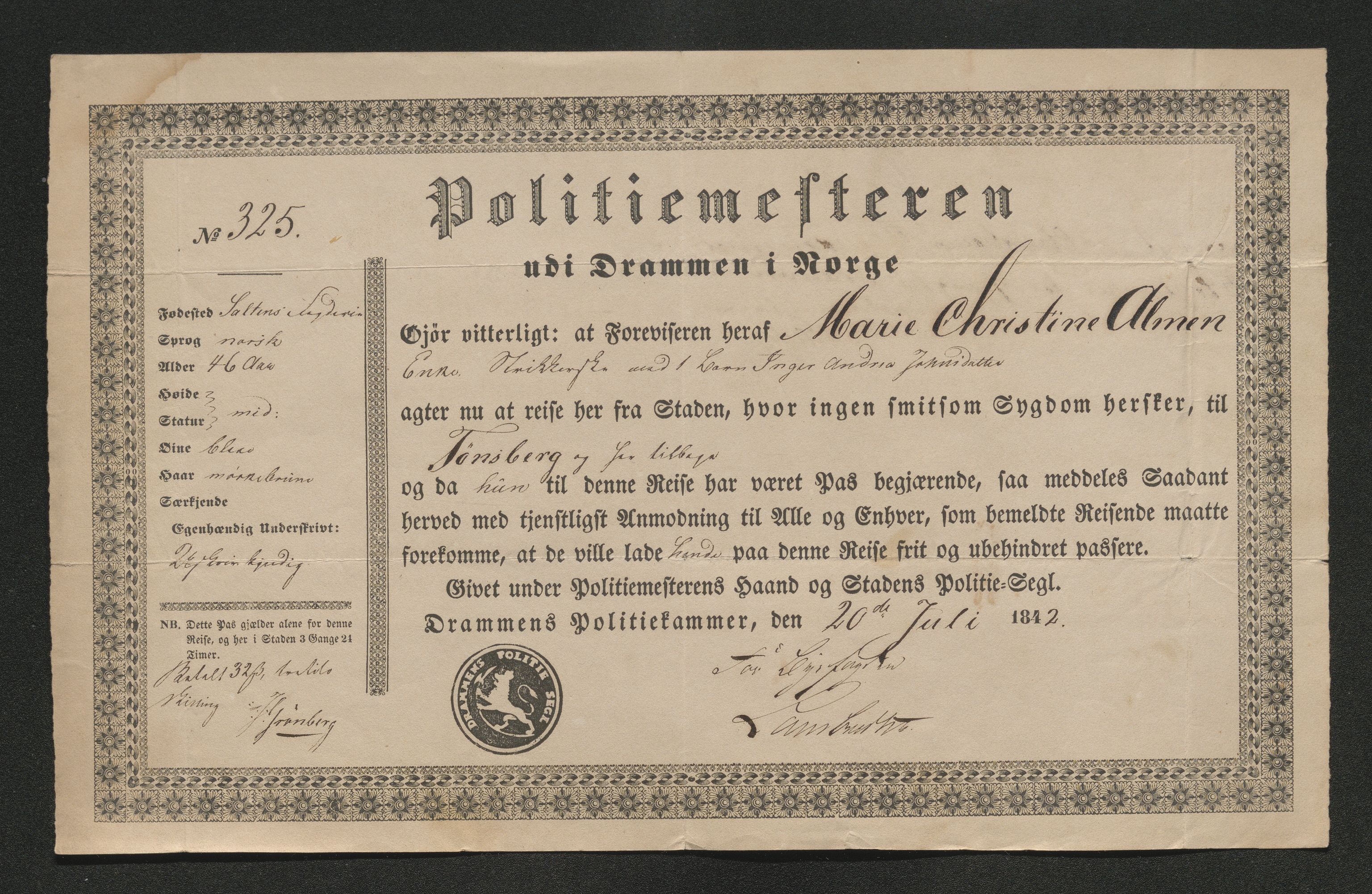 Drammen politikammer, SAKO/A-623/I/Ia/Iab/L0006: Innleverte pass, 1841-1842, p. 594