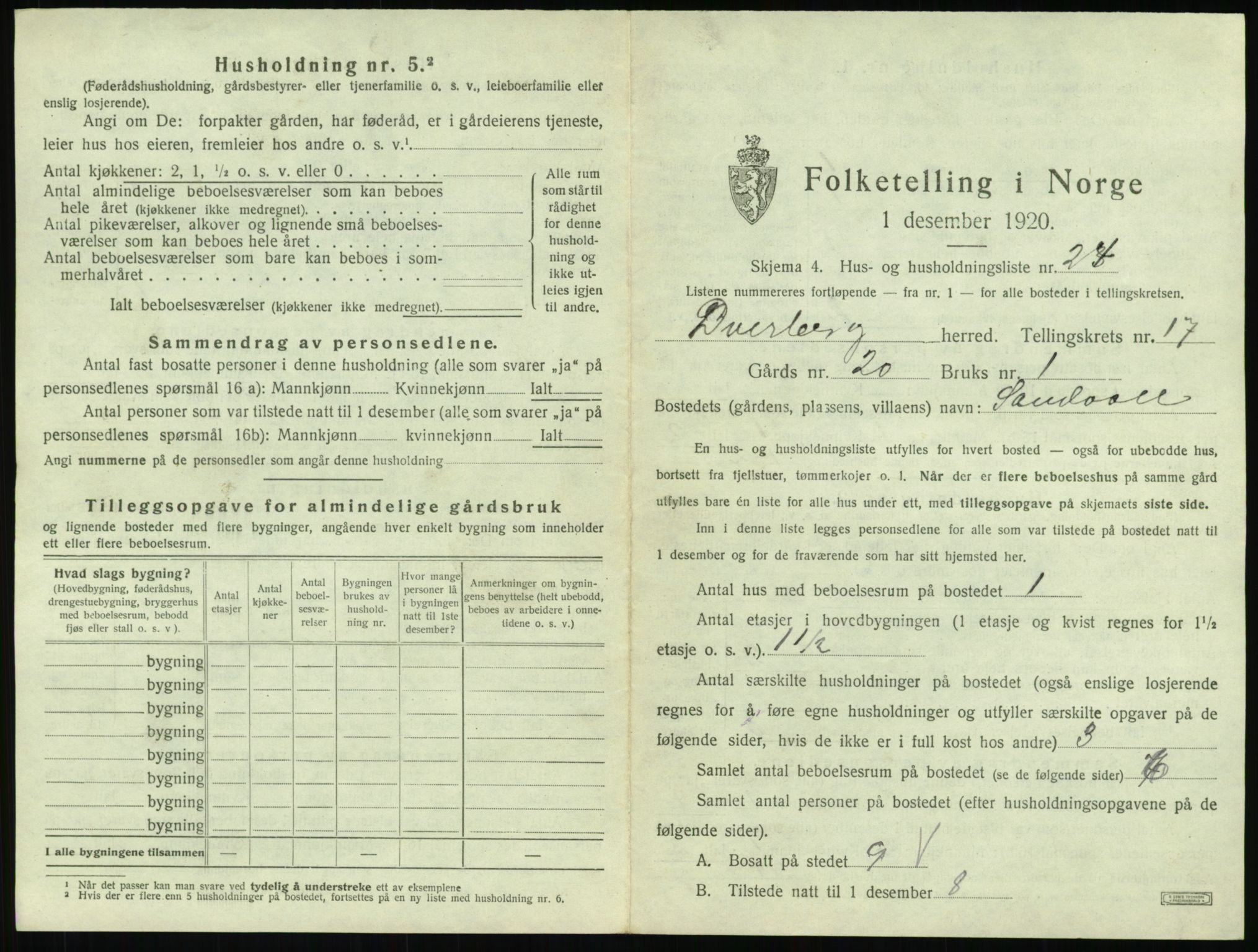 SAT, 1920 census for Dverberg, 1920, p. 1852