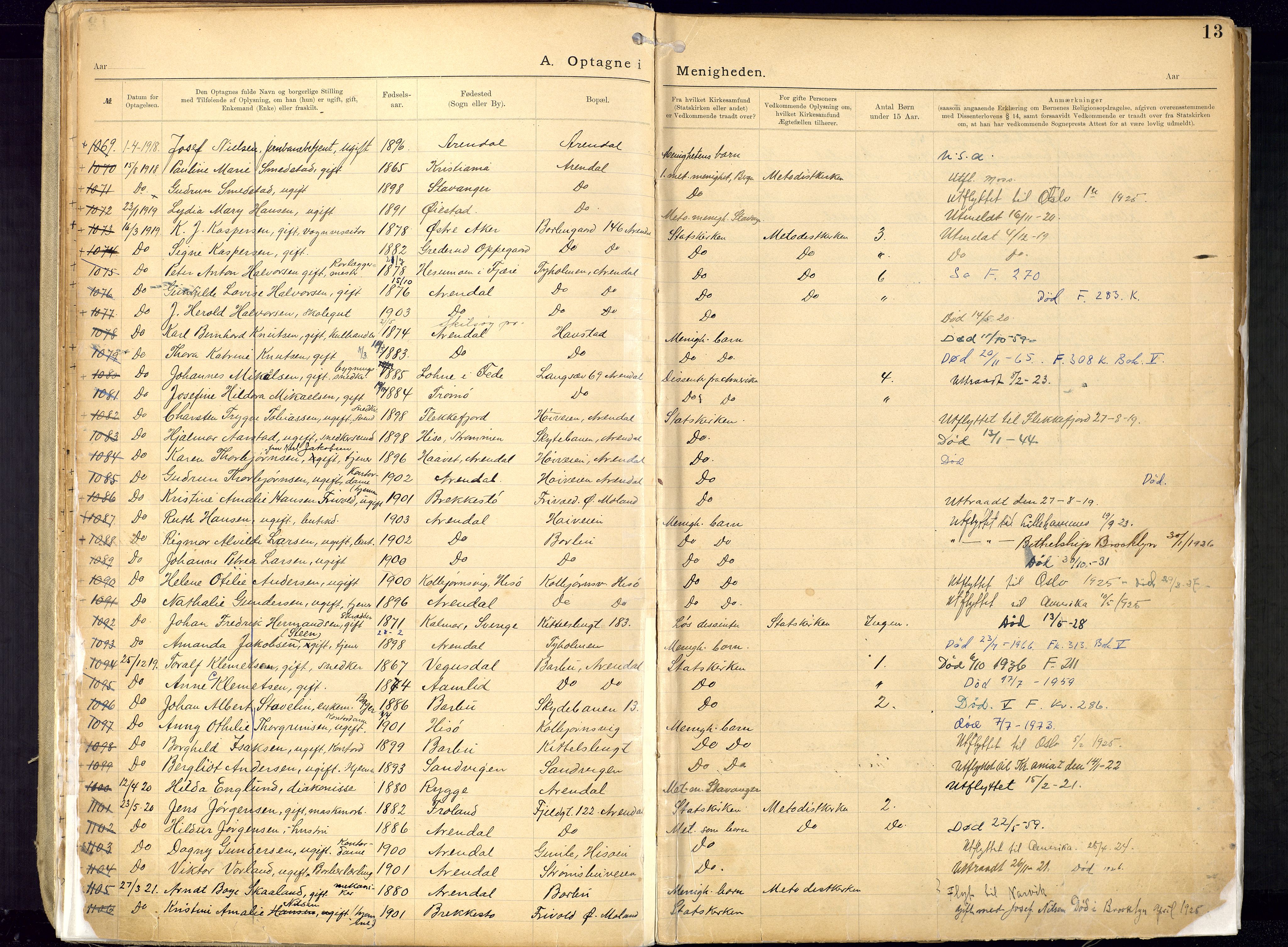 Metodistmenigheten, Arendal, SAK/1292-0011/F/Fa/L0005: Dissenter register no. 5, 1892-1942, p. 13
