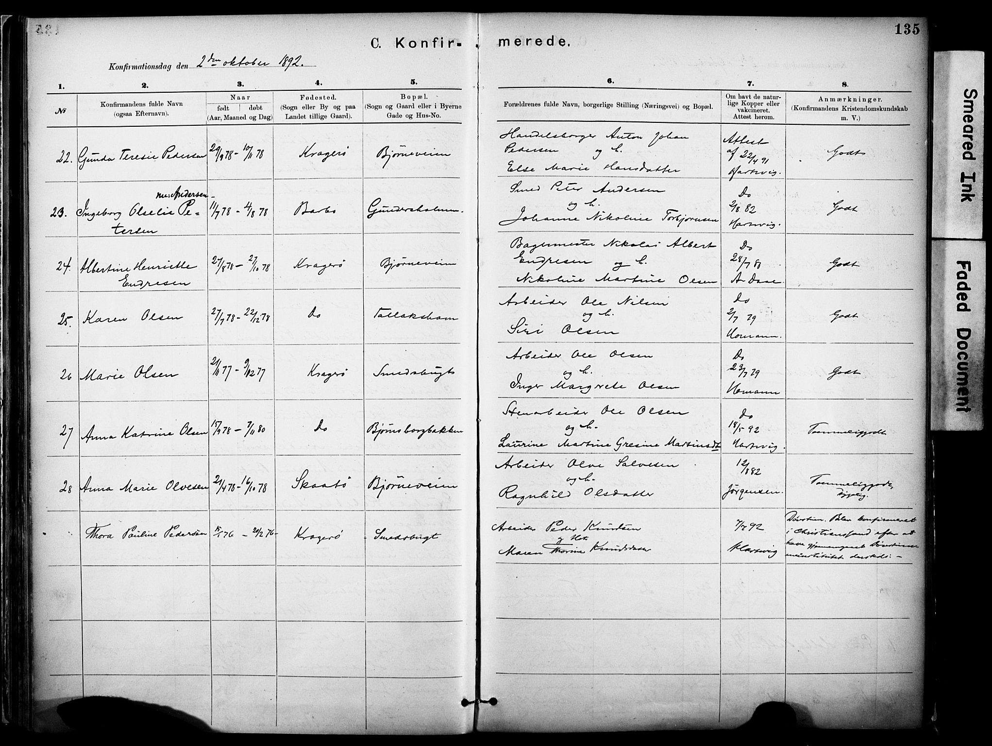 Kragerø kirkebøker, SAKO/A-278/F/Fa/L0012: Parish register (official) no. 12, 1880-1904, p. 135