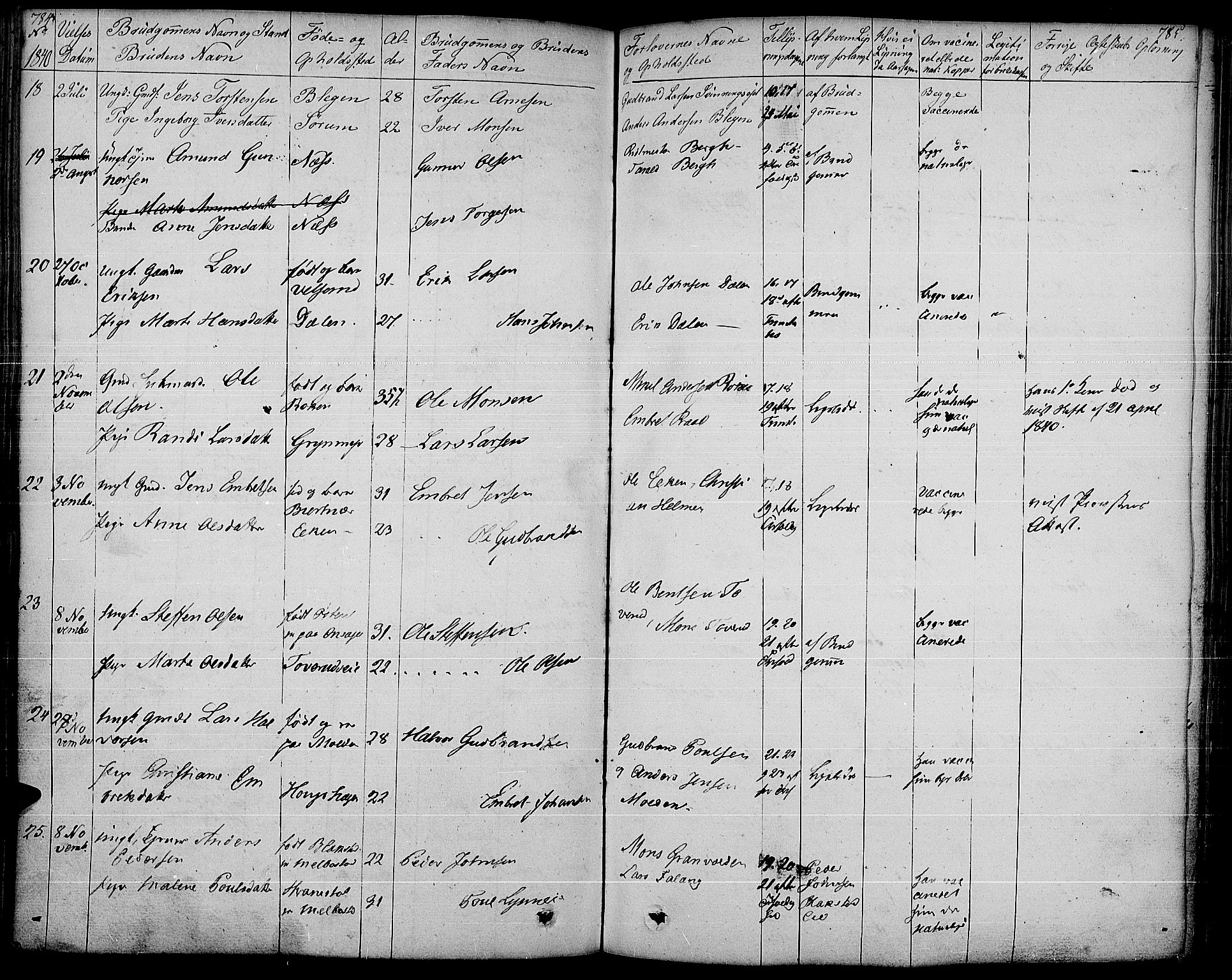 Gran prestekontor, AV/SAH-PREST-112/H/Ha/Haa/L0010: Parish register (official) no. 10, 1824-1842, p. 784-785