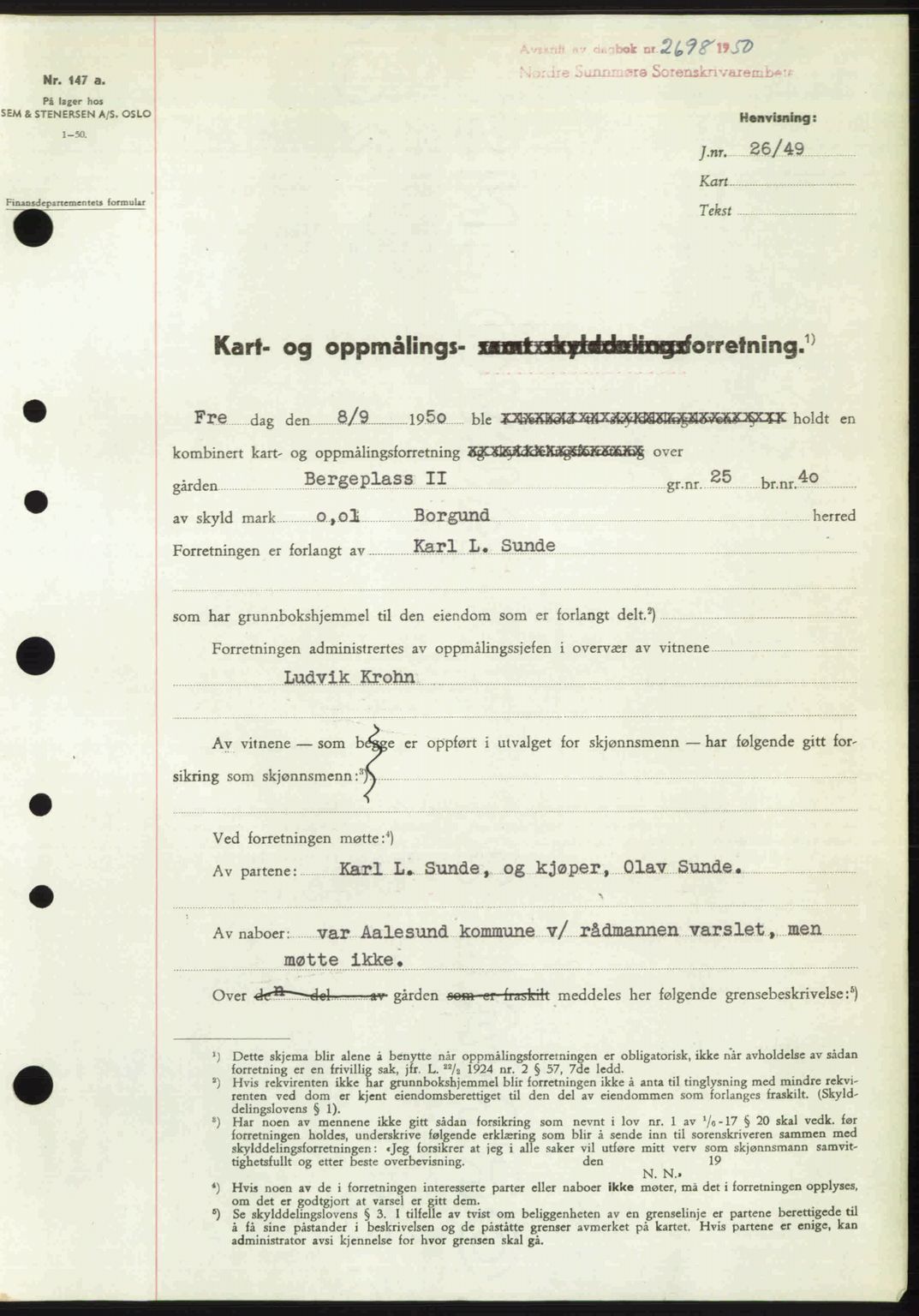 Nordre Sunnmøre sorenskriveri, AV/SAT-A-0006/1/2/2C/2Ca: Mortgage book no. A36, 1950-1950, Diary no: : 2698/1950