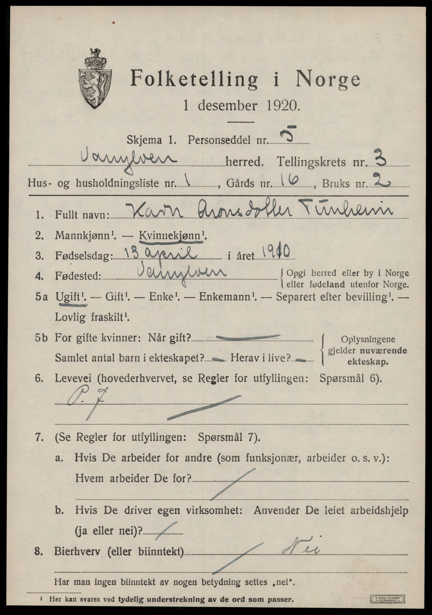 SAT, 1920 census for Vanylven, 1920, p. 1837