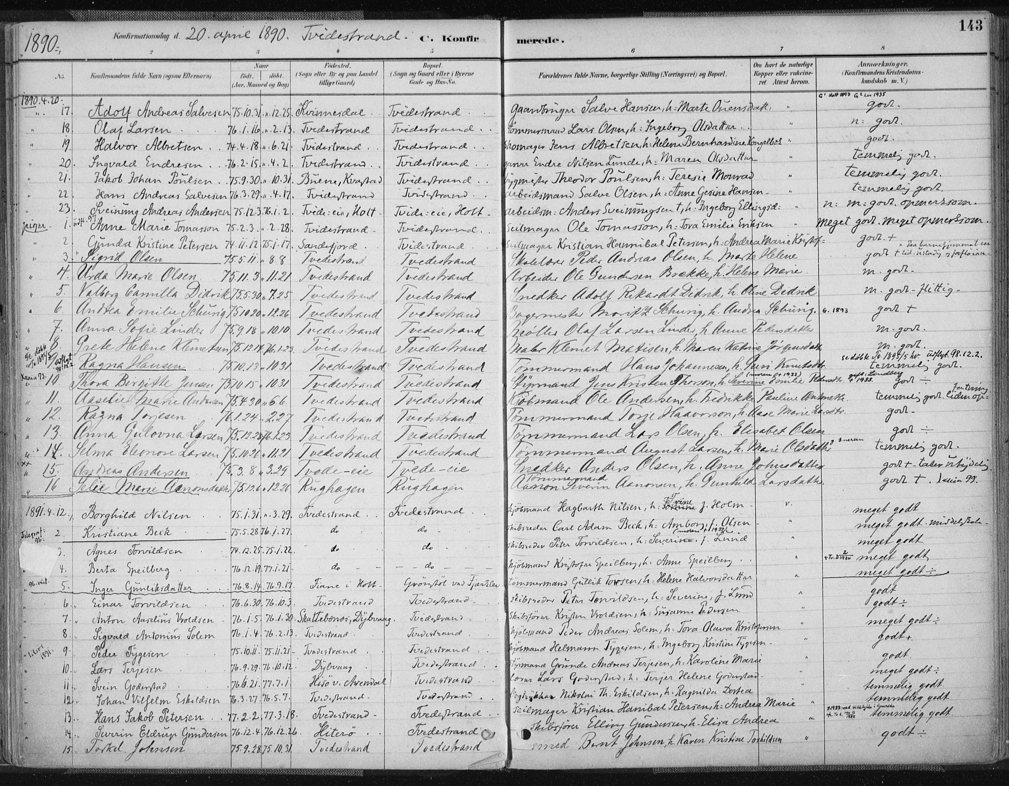 Tvedestrand sokneprestkontor, SAK/1111-0042/F/Fa/L0001: Parish register (official) no. A 1, 1885-1916, p. 143
