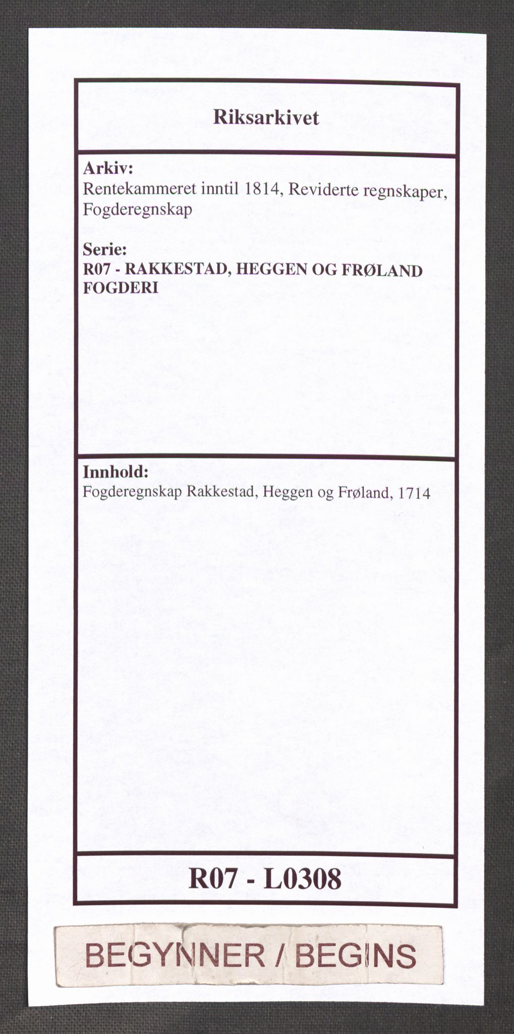 Rentekammeret inntil 1814, Reviderte regnskaper, Fogderegnskap, AV/RA-EA-4092/R07/L0308: Fogderegnskap Rakkestad, Heggen og Frøland, 1714, p. 1