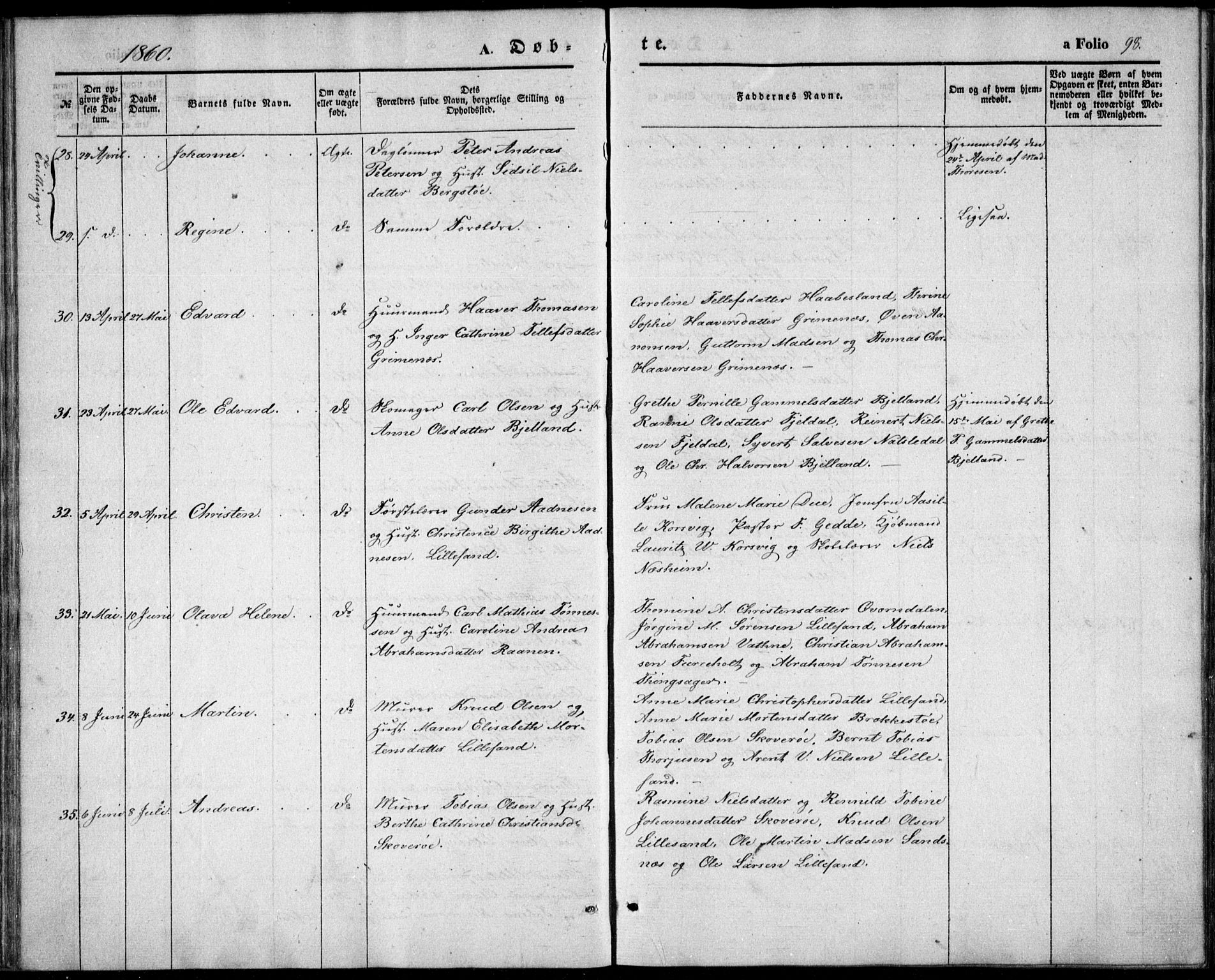 Vestre Moland sokneprestkontor, AV/SAK-1111-0046/F/Fb/Fbb/L0003: Parish register (copy) no. B 3, 1851-1861, p. 98