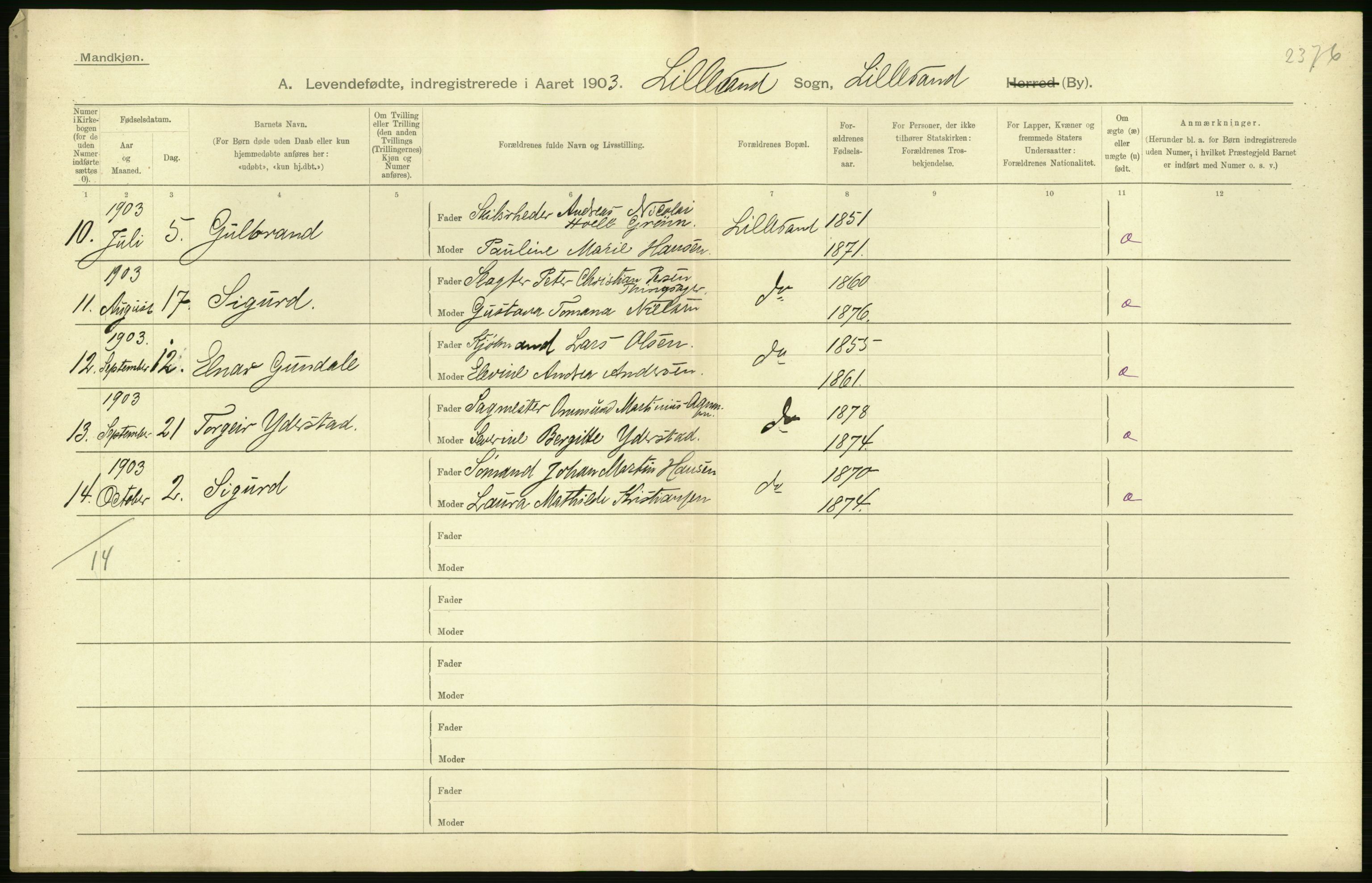 Statistisk sentralbyrå, Sosiodemografiske emner, Befolkning, AV/RA-S-2228/D/Df/Dfa/Dfaa/L0010: Nedenes amt: Fødte, gifte, døde, 1903, p. 204