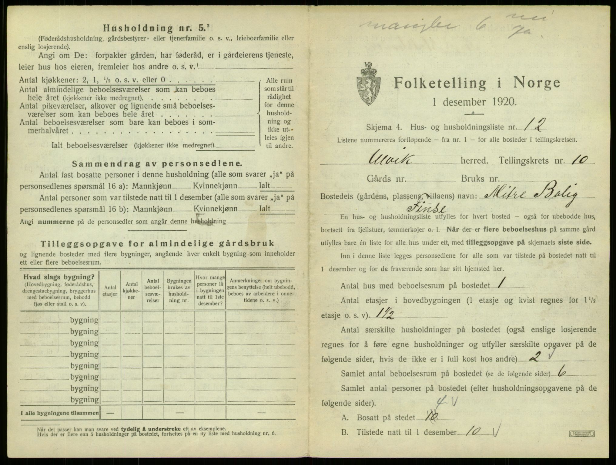 SAB, 1920 census for Ulvik, 1920, p. 73