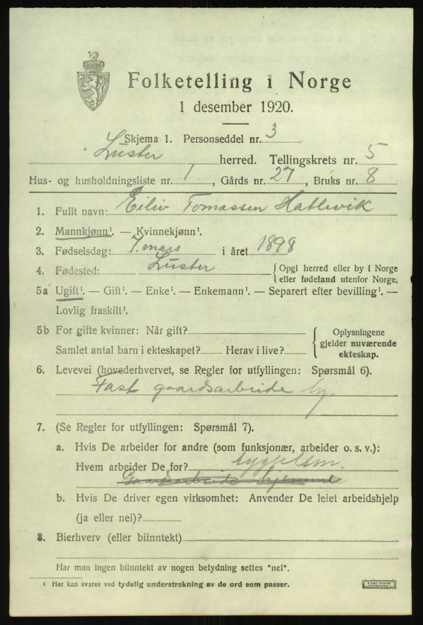 SAB, 1920 census for Luster, 1920, p. 3148