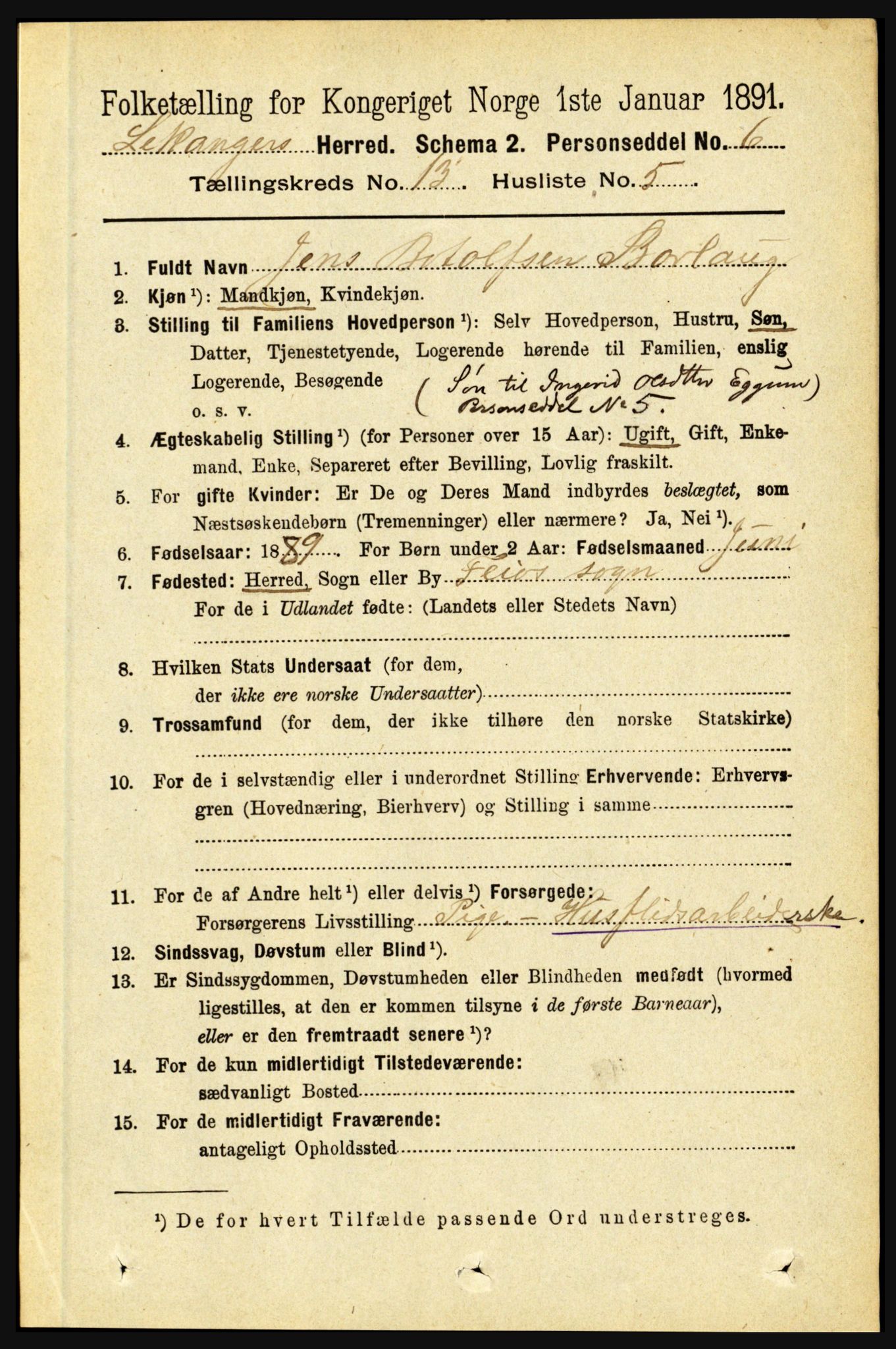 RA, 1891 census for 1419 Leikanger, 1891, p. 2486