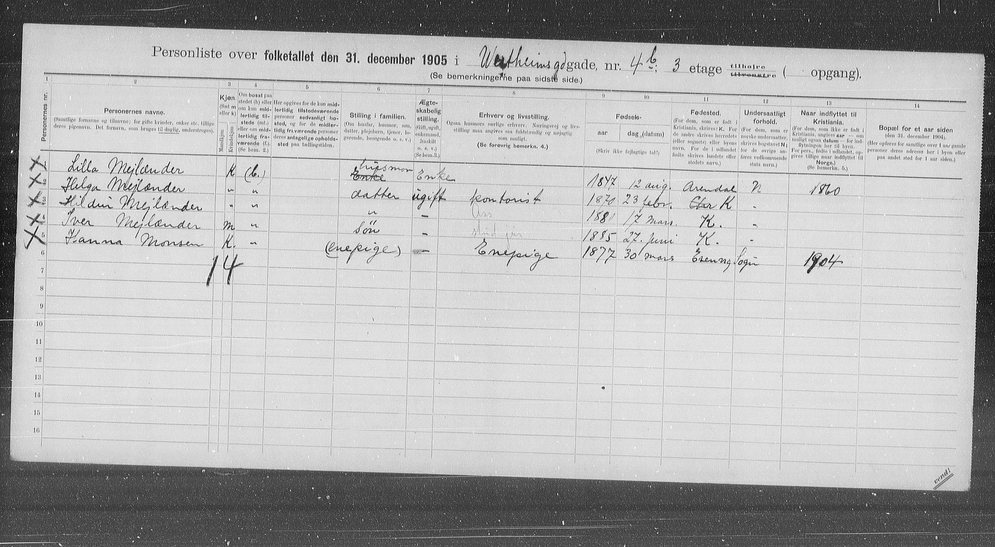 OBA, Municipal Census 1905 for Kristiania, 1905, p. 64399