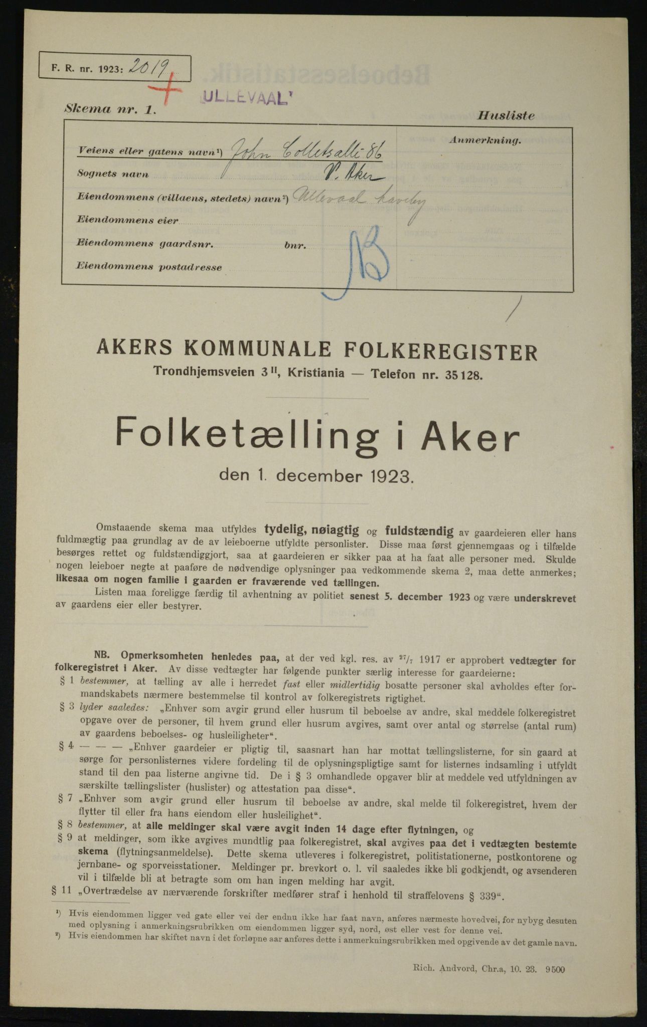 , Municipal Census 1923 for Aker, 1923, p. 21029