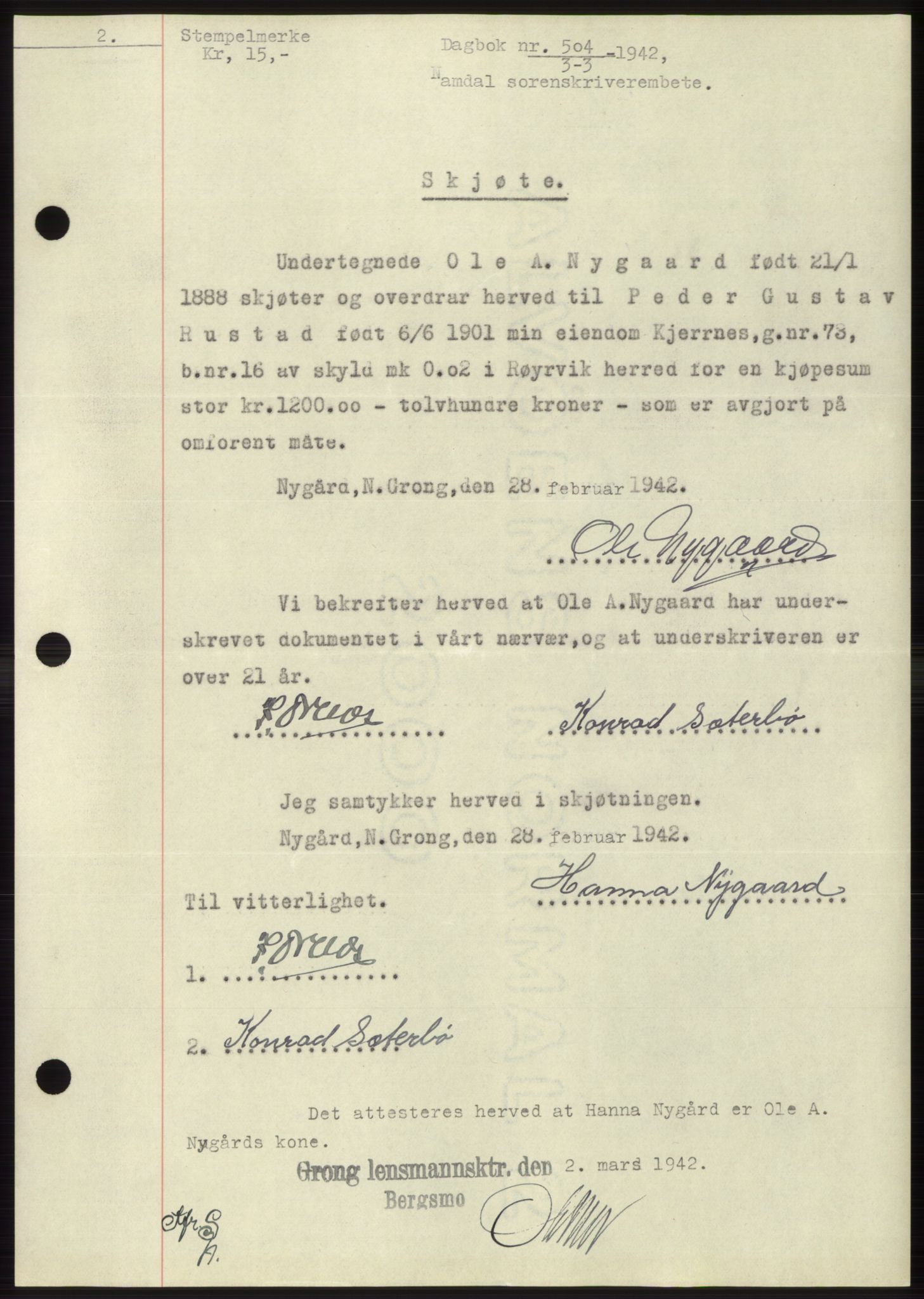 Namdal sorenskriveri, SAT/A-4133/1/2/2C: Mortgage book no. -, 1941-1942, Diary no: : 504/1942