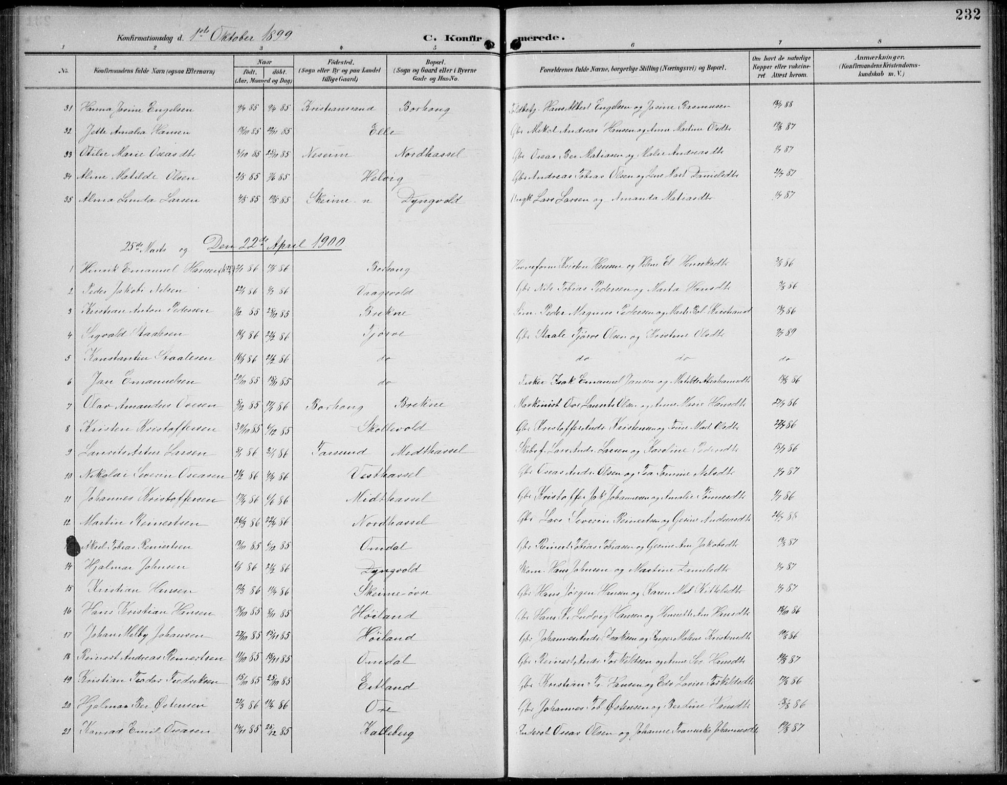 Lista sokneprestkontor, SAK/1111-0027/F/Fb/L0005: Parish register (copy) no. B 5, 1892-1923, p. 232