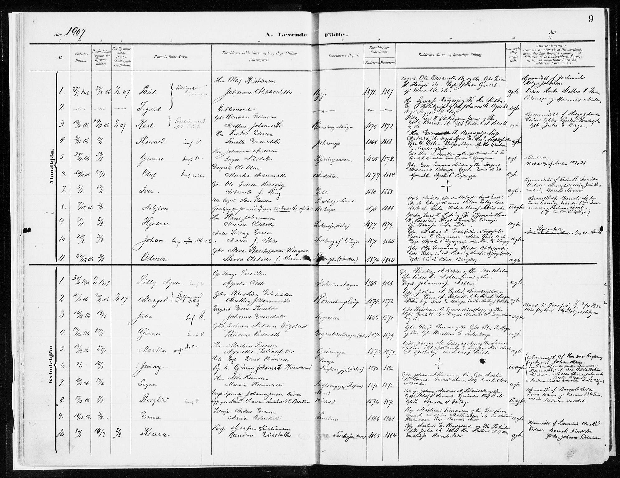 Ringsaker prestekontor, AV/SAH-PREST-014/K/Ka/L0019: Parish register (official) no. 19, 1905-1920, p. 9