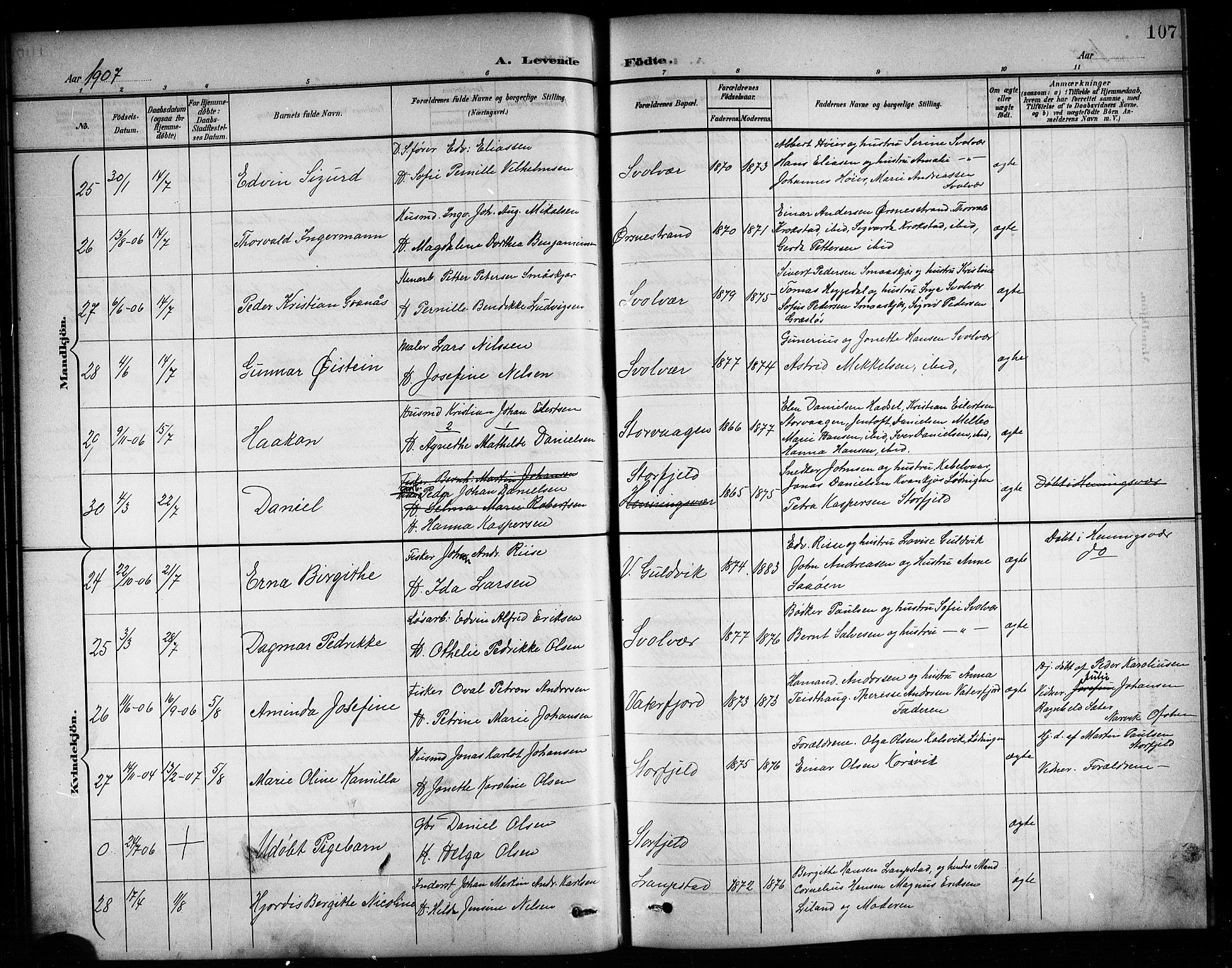 Ministerialprotokoller, klokkerbøker og fødselsregistre - Nordland, AV/SAT-A-1459/874/L1078: Parish register (copy) no. 874C07, 1900-1907, p. 107