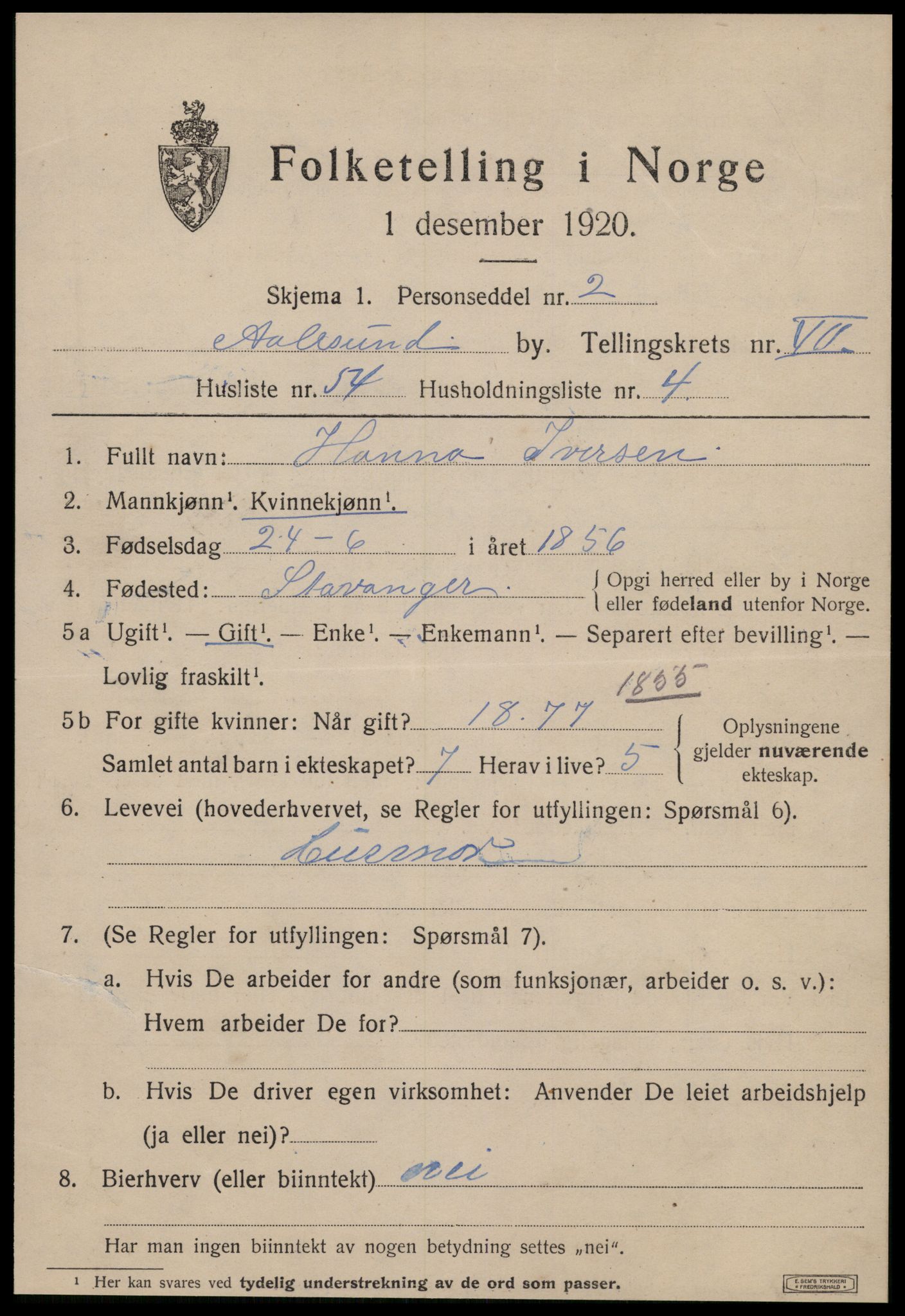 SAT, 1920 census for Ålesund, 1920, p. 21240