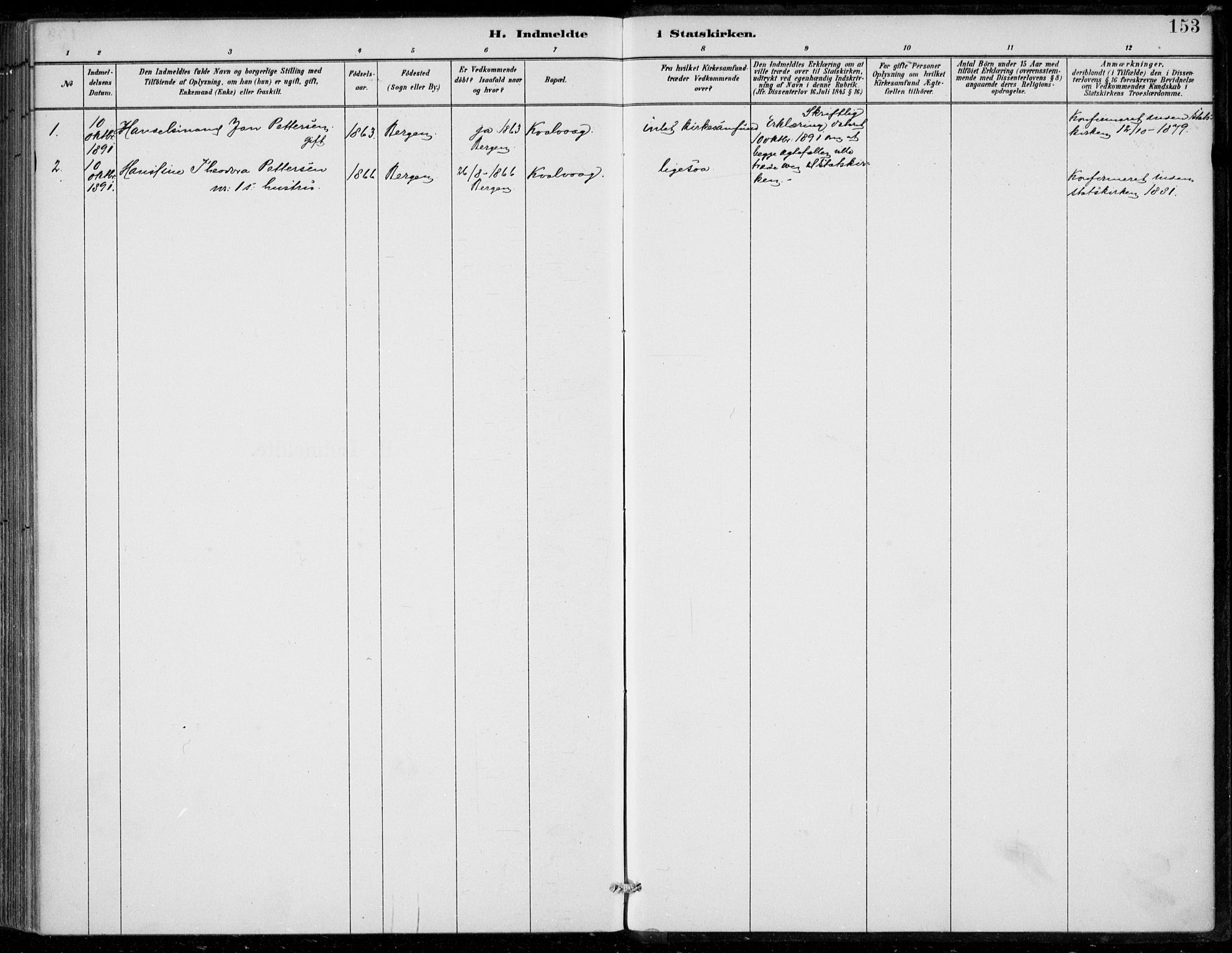 Sund sokneprestembete, AV/SAB-A-99930: Parish register (official) no. D 1, 1882-1899, p. 153