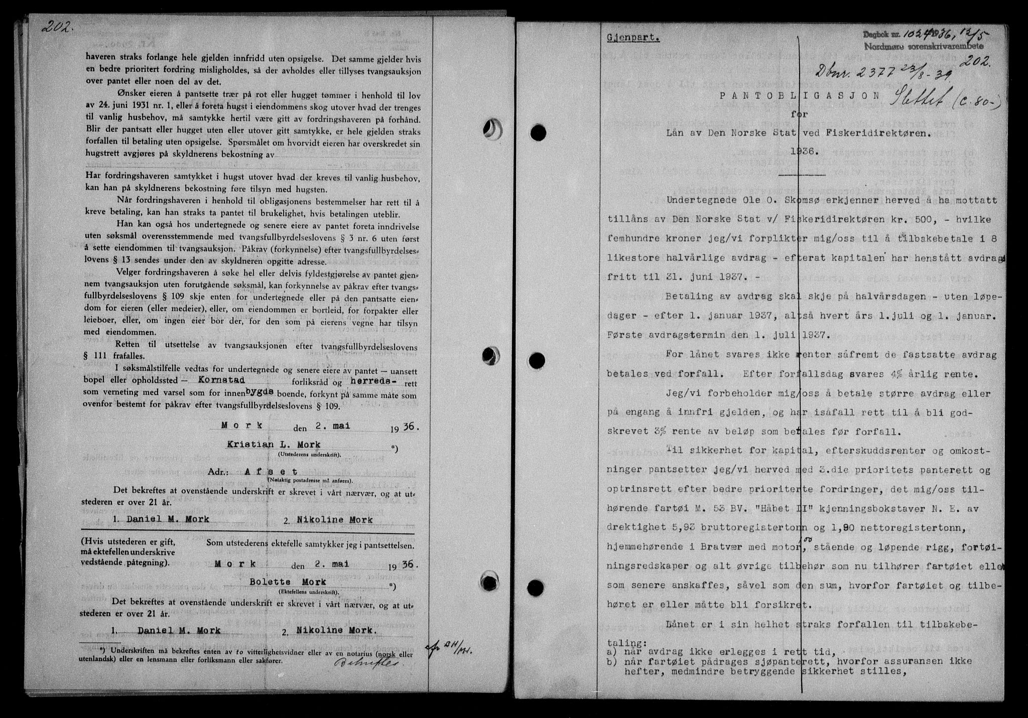 Nordmøre sorenskriveri, AV/SAT-A-4132/1/2/2Ca/L0088: Mortgage book no. 78, 1936-1936, Diary no: : 1024/1936