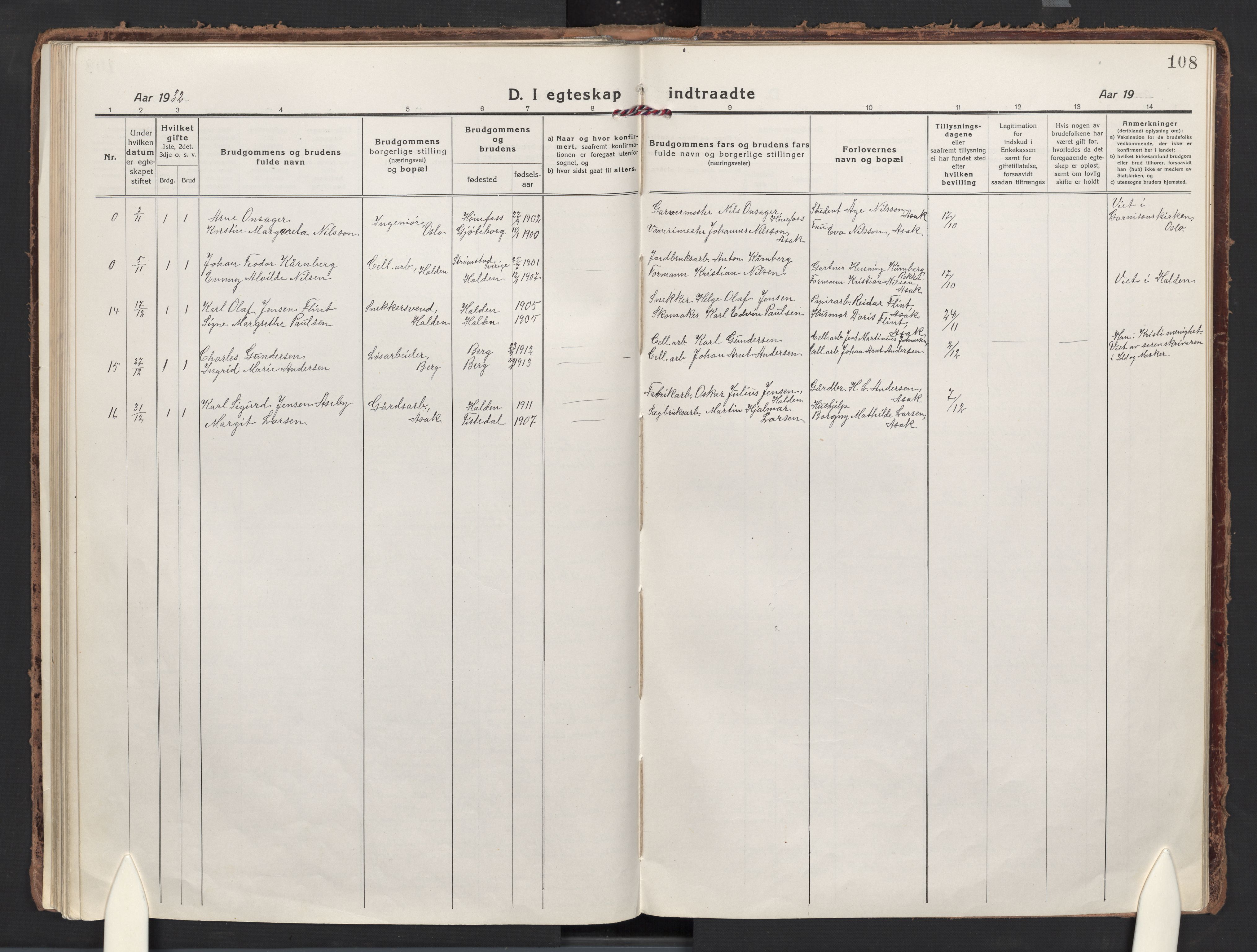 Berg prestekontor Kirkebøker, AV/SAO-A-10902/F/Fb/L0004: Parish register (official) no. II 4, 1919-1935, p. 108