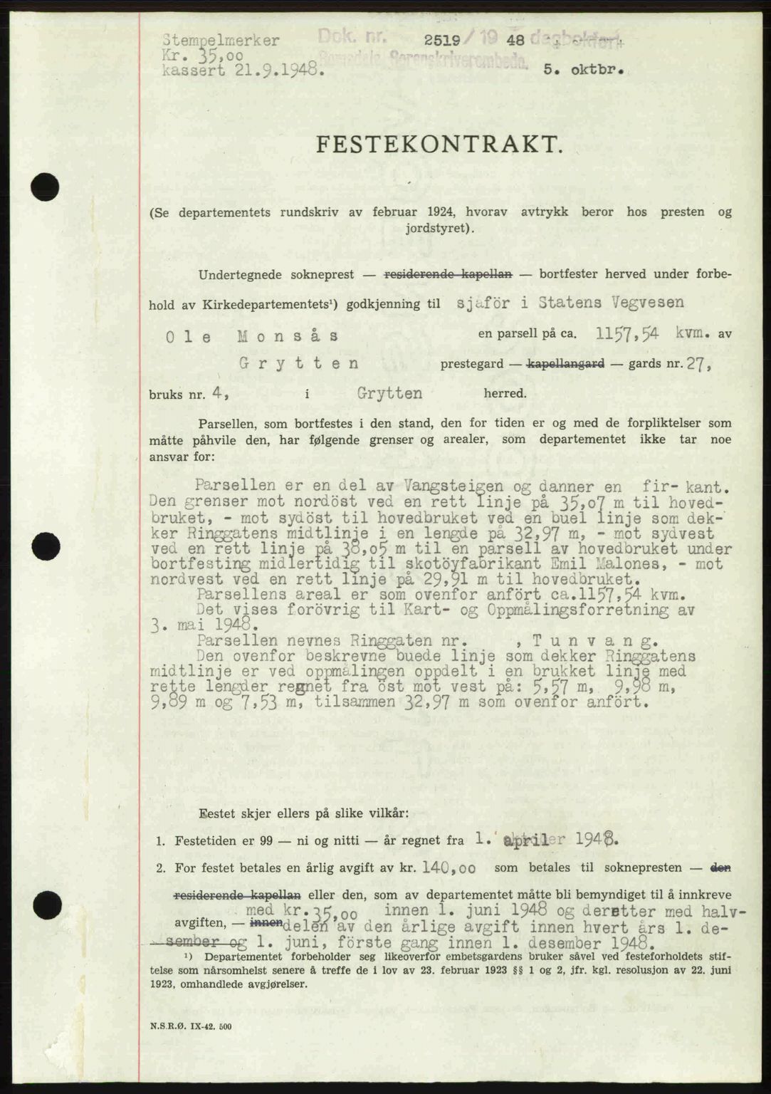 Romsdal sorenskriveri, AV/SAT-A-4149/1/2/2C: Mortgage book no. A27, 1948-1948, Diary no: : 2519/1948