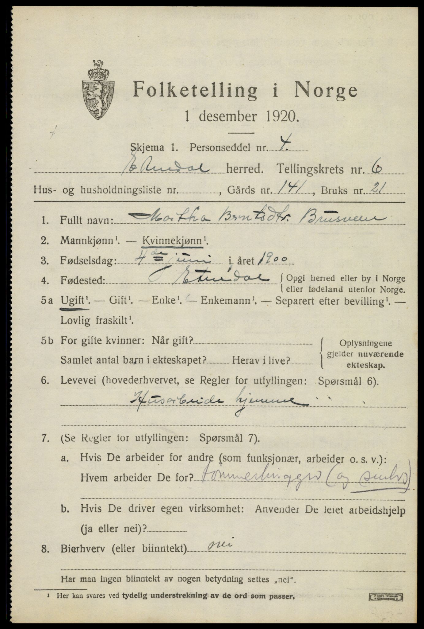 SAH, 1920 census for Etnedal, 1920, p. 2876